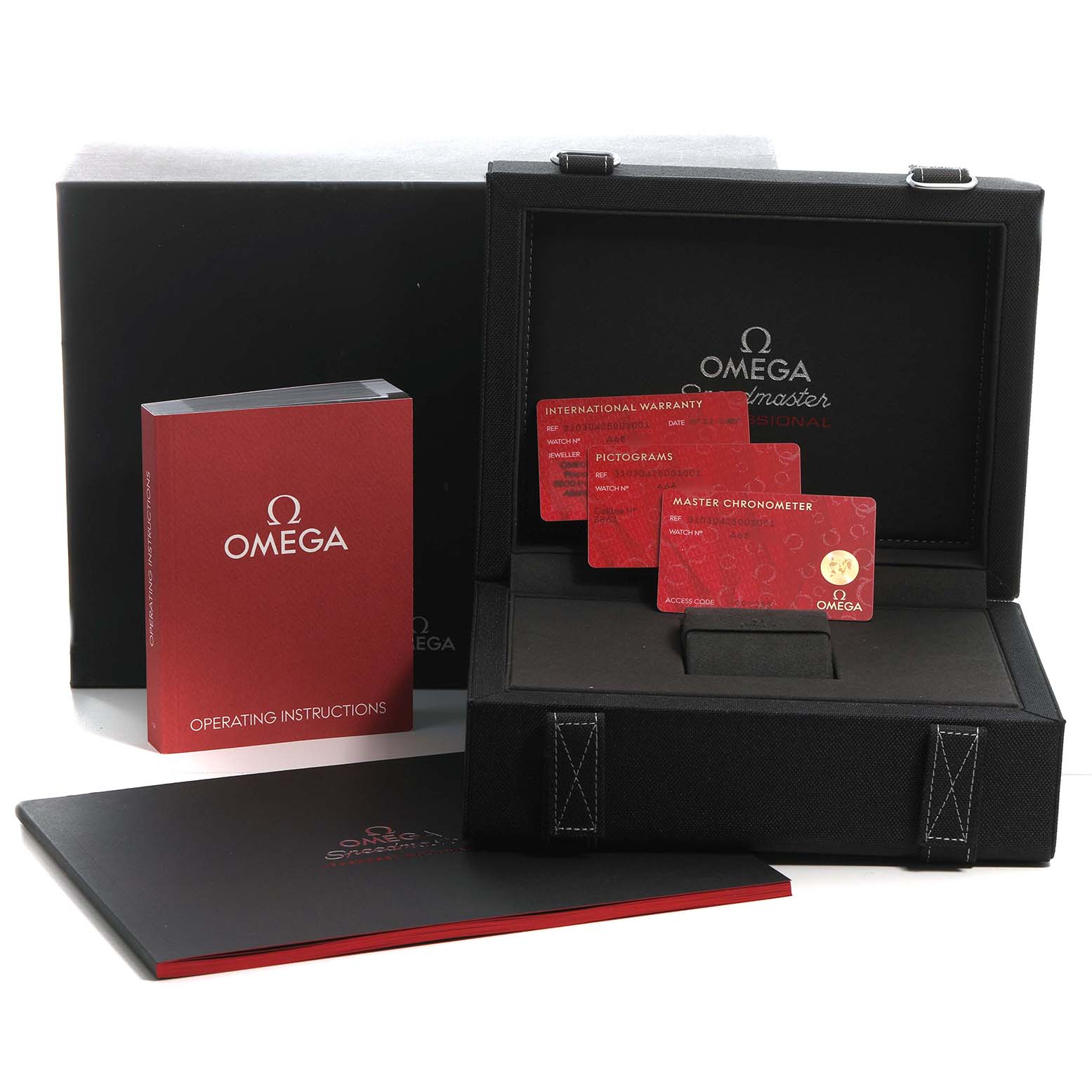 The image shows the packaging for an Omega Speedmaster 310.30.42.50.01.001 Men's Stainless Steel Black Dial, including a black box, manuals, and warranty cards.