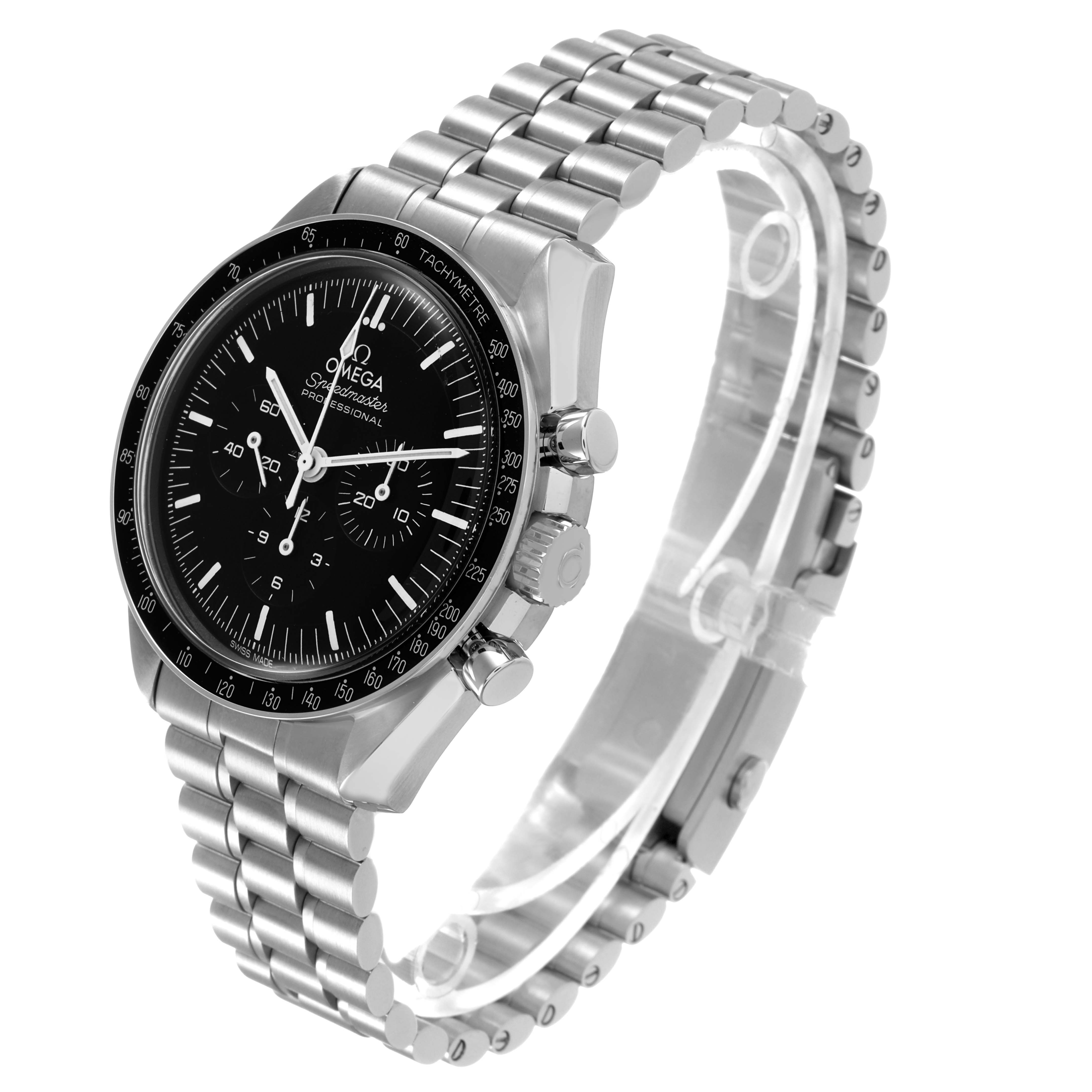 The Omega Speedmaster 310.30.42.50.01.001 Men's Stainless Steel Black Dial watch is shown in a 3/4 angle highlighting the bracelet, case, bezel, and dial.