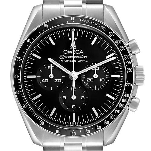 The Omega Speedmaster 310.30.42.50.01.001 Men's Stainless Steel Black Dial watch is shown from the front, highlighting the dial, bezel, and chronograph subdials.