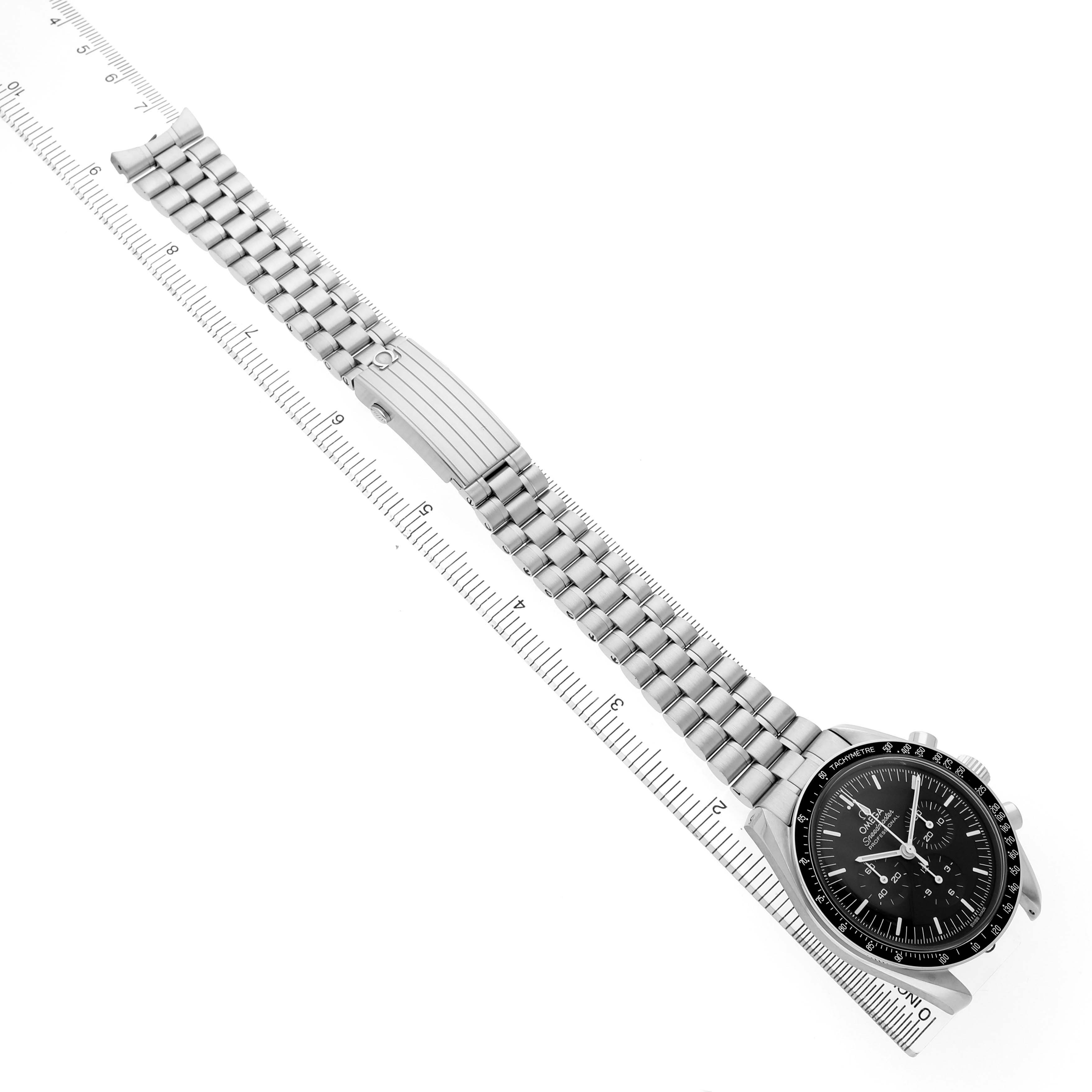 The image shows an Omega Speedmaster 310.30.42.50.01.001 Men's Stainless Steel Black Dial watch, captured from above, highlighting the full bracelet and watch face.