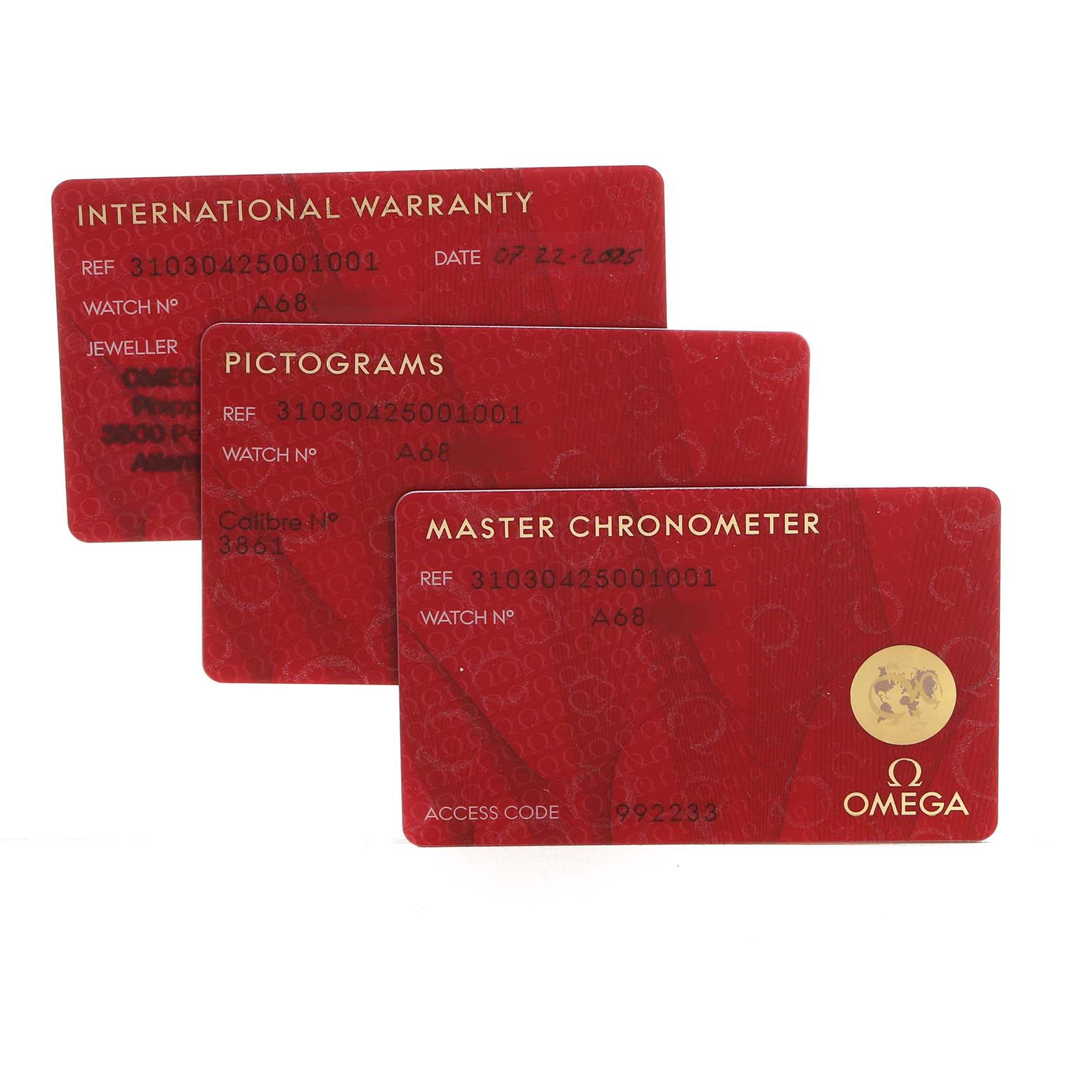 The image shows three red Omega Speedmaster 310.30.42.50.01.001 Men's Stainless Steel Black Dial model cards: International Warranty, Pictograms, and Master Chronometer.