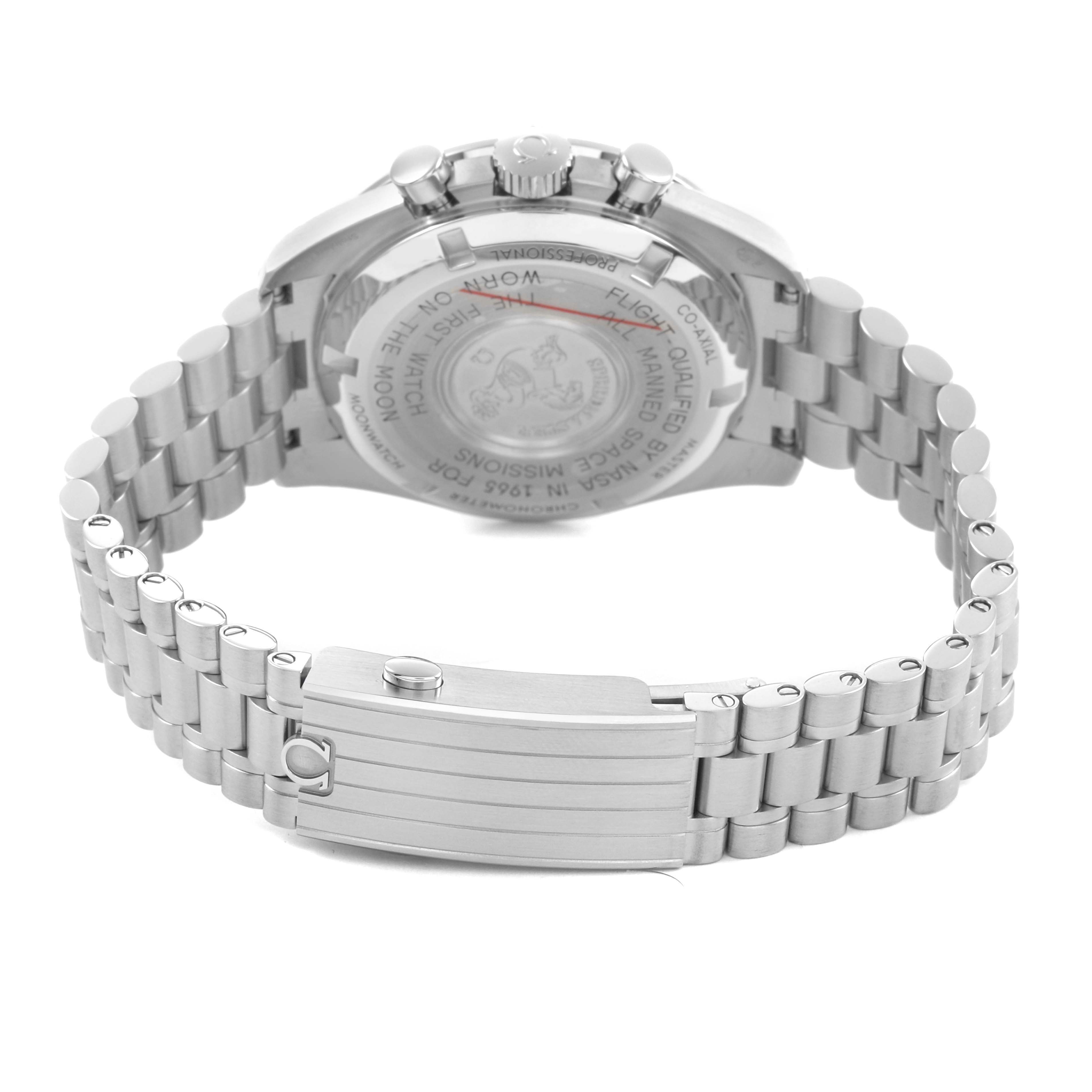 The image shows the back view of an Omega Speedmaster 310.30.42.50.01.001 Men's Stainless Steel Black Dial watch, highlighting the case back, clasp, and stainless steel bracelet.
