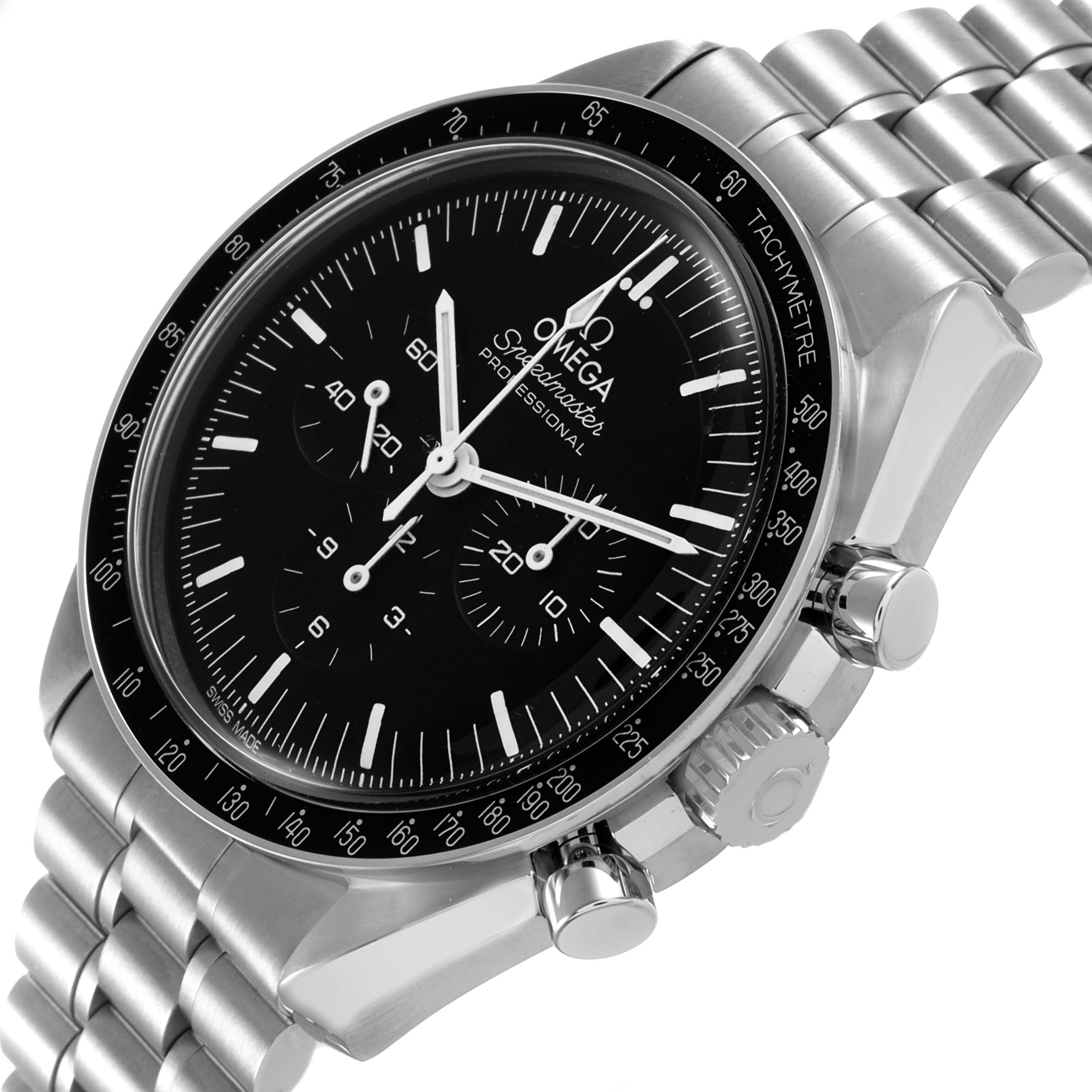 The Omega Speedmaster 310.30.42.50.01.001 Men's Stainless Steel Black Dial is shown at an angle highlighting its face, tachymetric bezel, pushers, and metal bracelet.