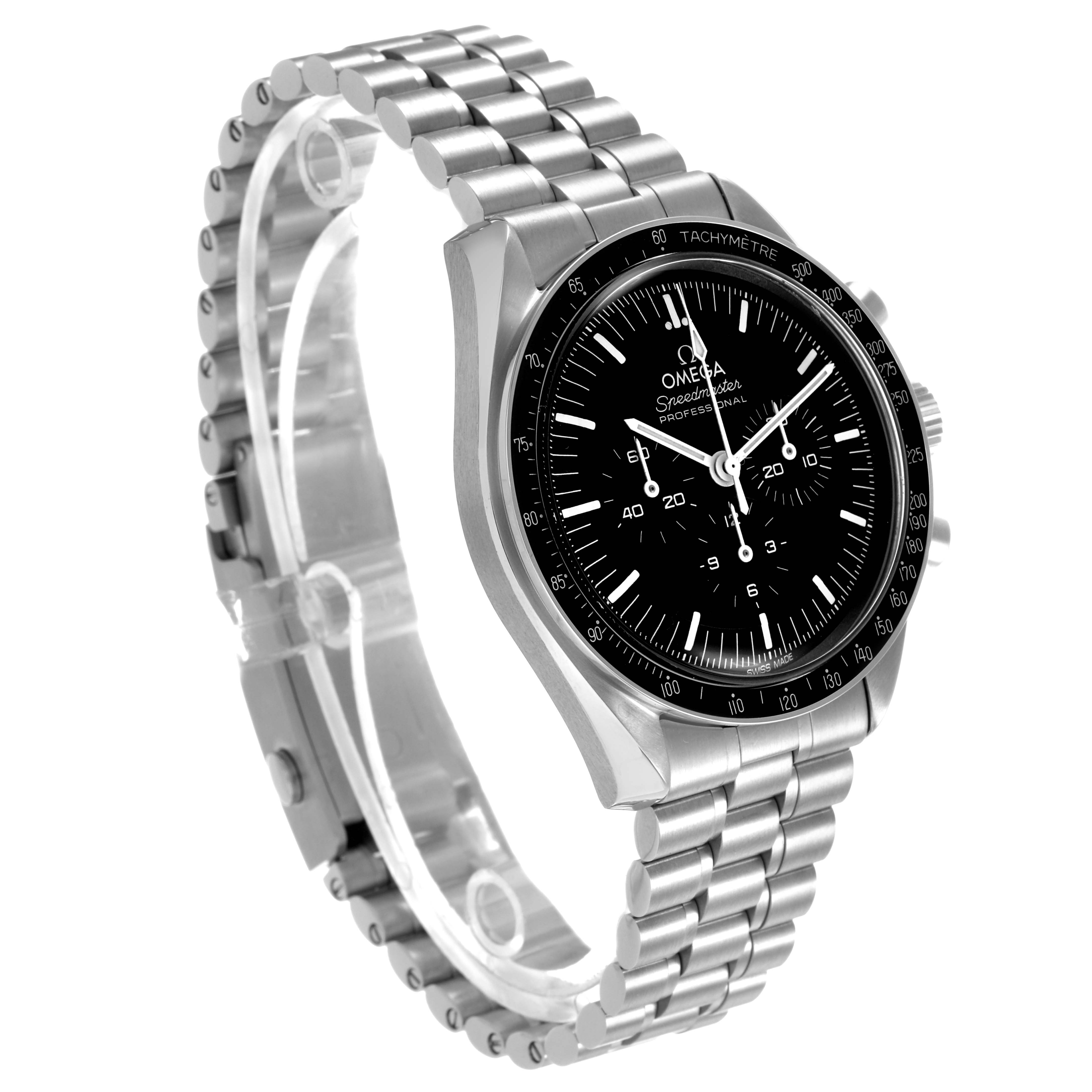 The Omega Speedmaster 310.30.42.50.01.001 Men's Stainless Steel Black Dial watch is shown at a three-quarter angle, highlighting its bezel, dial, and metal bracelet.