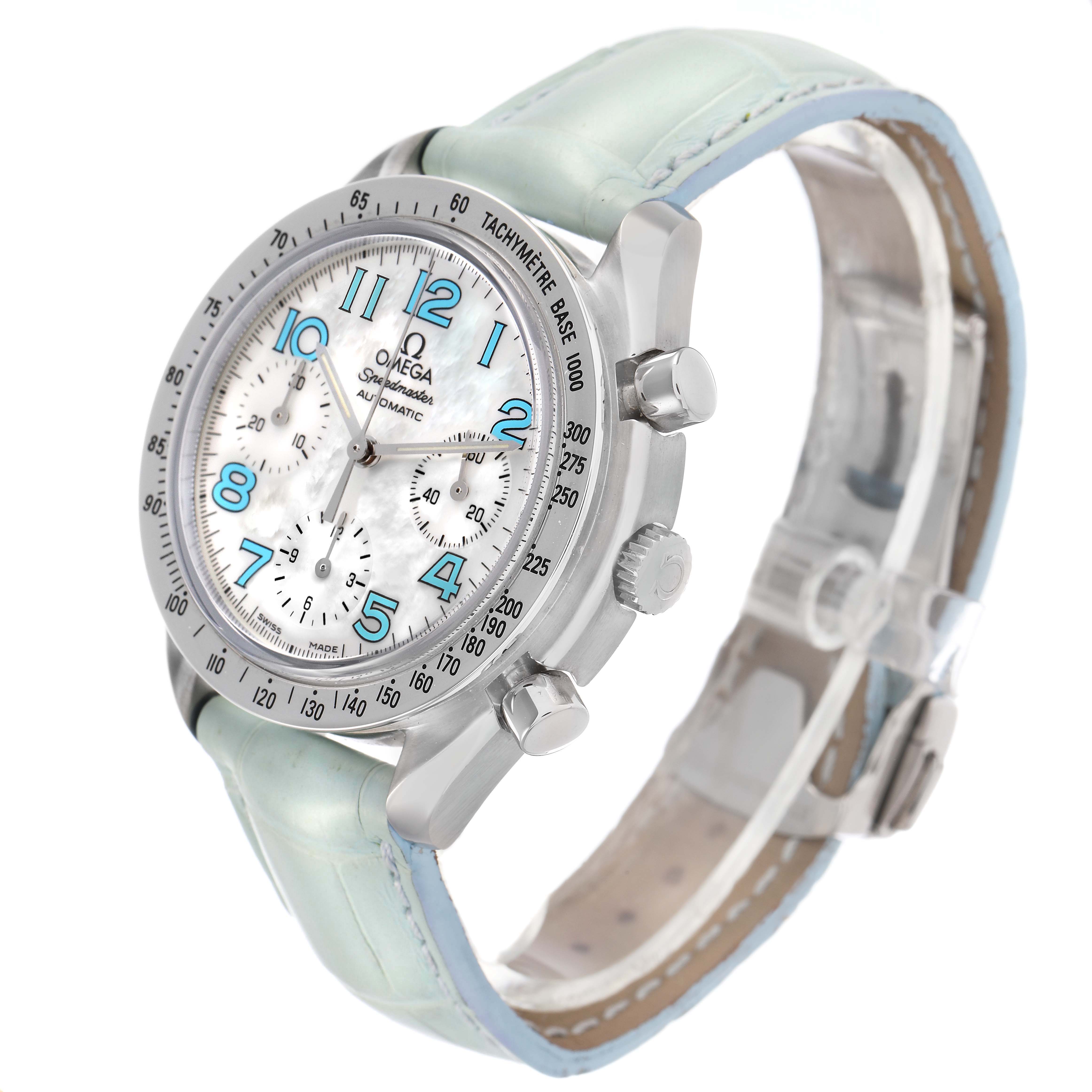 The Omega Speedmaster 3834.71.33 Men's Stainless Steel Mother of Pearl Dial watch is shown at a three-quarter angle, highlighting the dial, tachymeter bezel, crown, pushers, and strap.