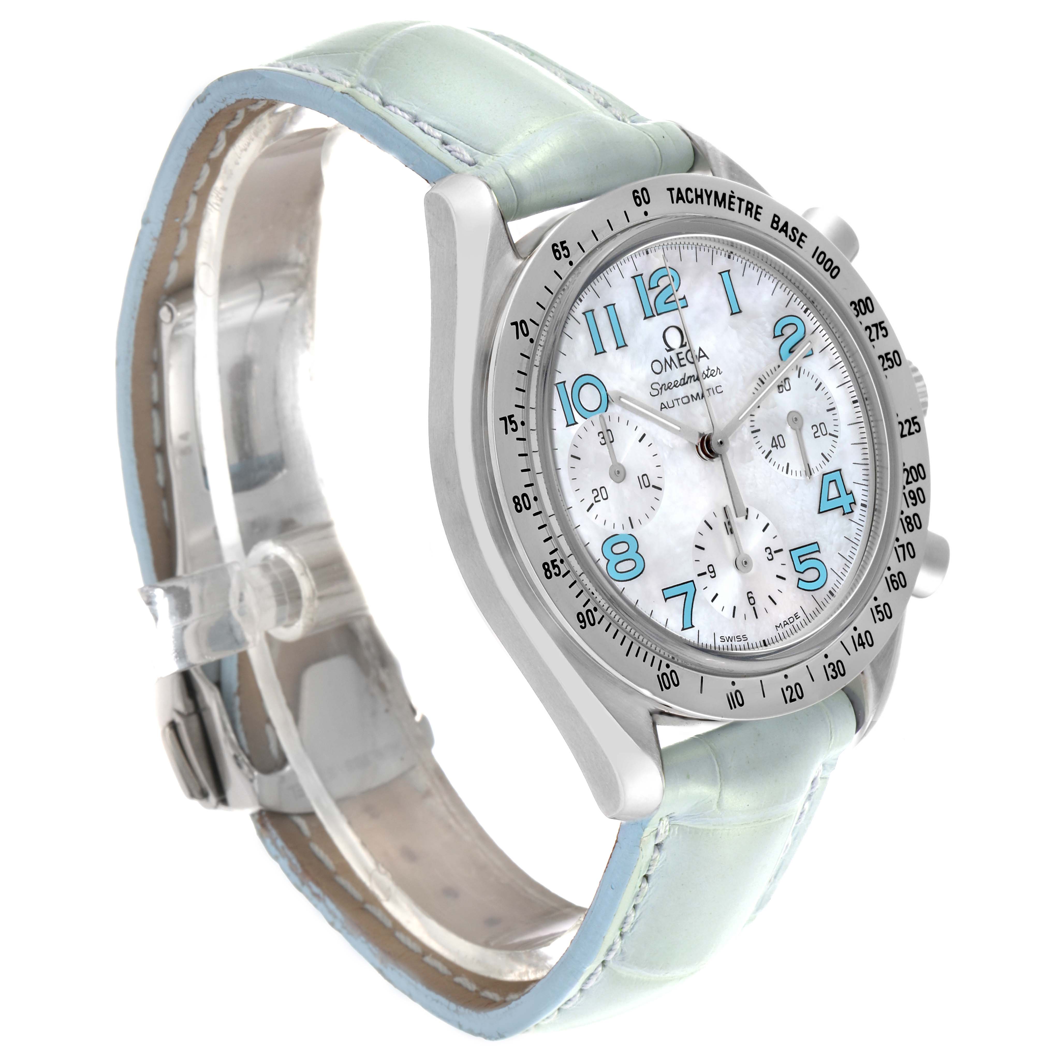 The Omega Speedmaster 3834.71.33 Men's Stainless Steel Mother of Pearl Dial watch is shown at a slight side angle, highlighting its bezel, face, and strap.