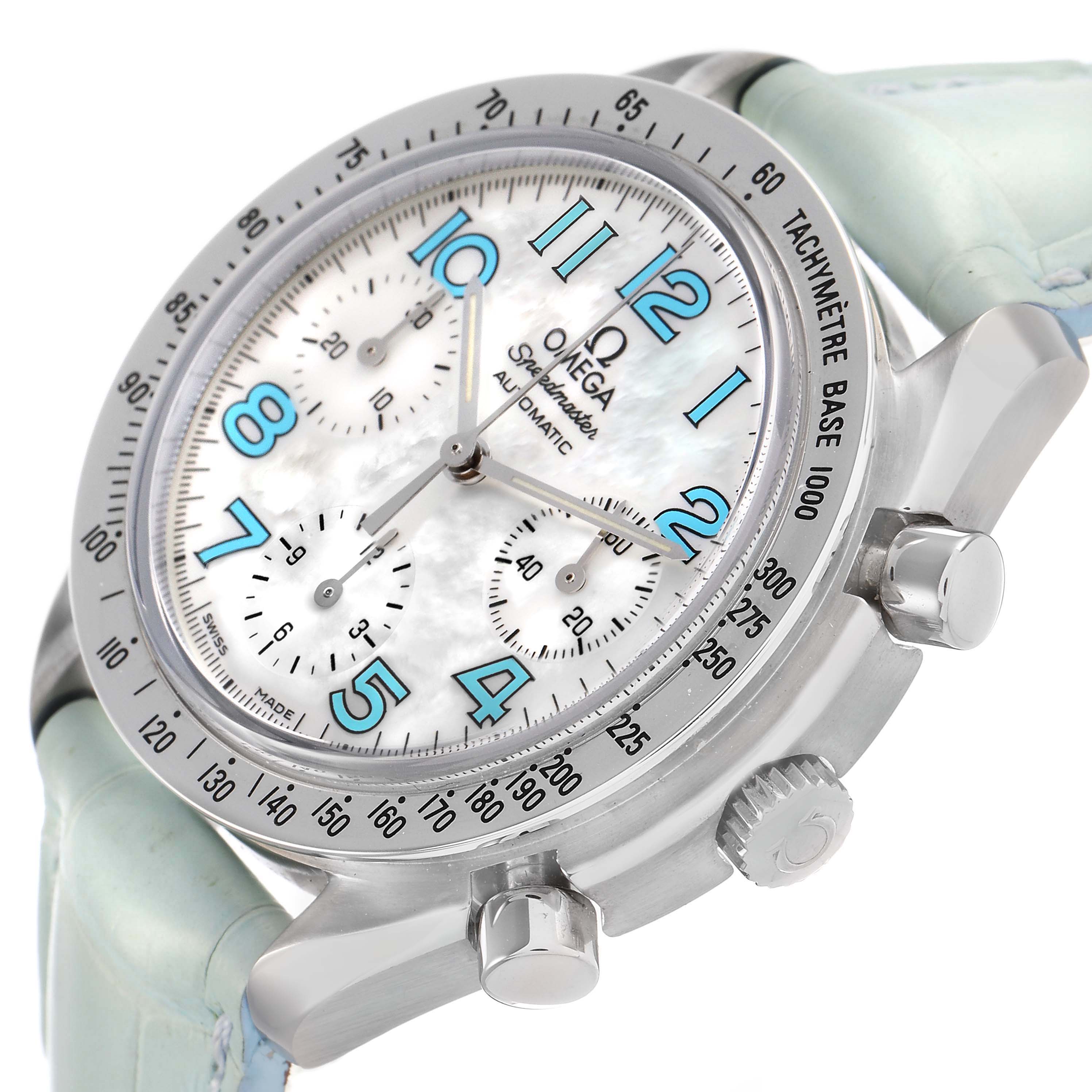 The Omega Speedmaster 3834.71.33 Men's Stainless Steel Mother of Pearl Dial is shown at an oblique angle, highlighting its dial, bezel, crown, and pushers.