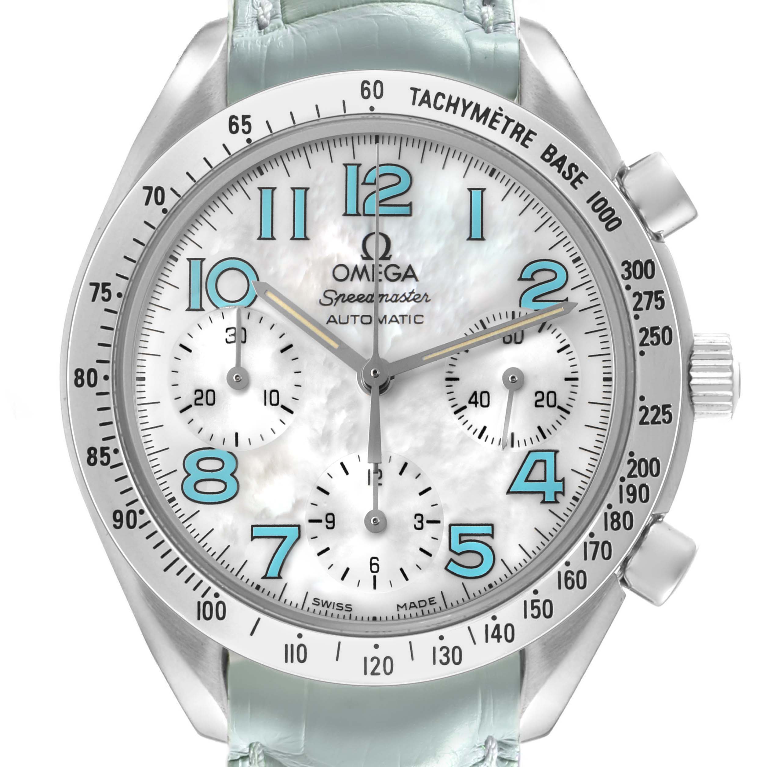 The Omega Speedmaster 3834.71.33 Men's Stainless Steel Mother of Pearl Dial watch is shown from the front, highlighting the dial, tachymeter bezel, and pushers.