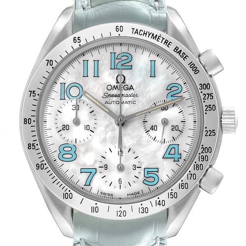 The Omega Speedmaster 3834.71.33 Men's Stainless Steel Mother of Pearl Dial watch is shown from the front, highlighting the dial, tachymeter bezel, and chronograph sub-dials.