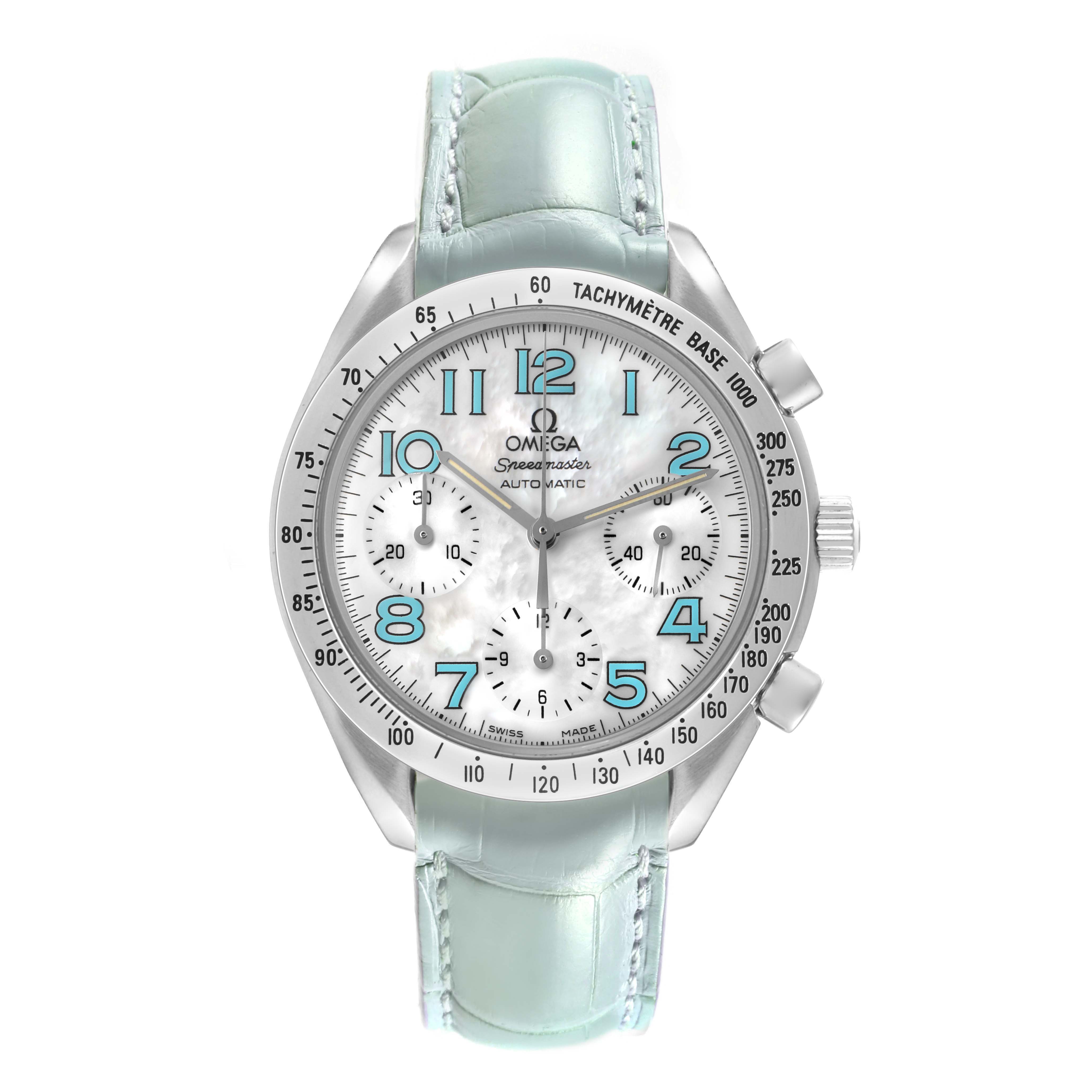 The Omega Speedmaster 3834.71.33 Men's Stainless Steel Mother of Pearl Dial watch is shown from a front angle, highlighting the dial, bezel, and light blue strap.