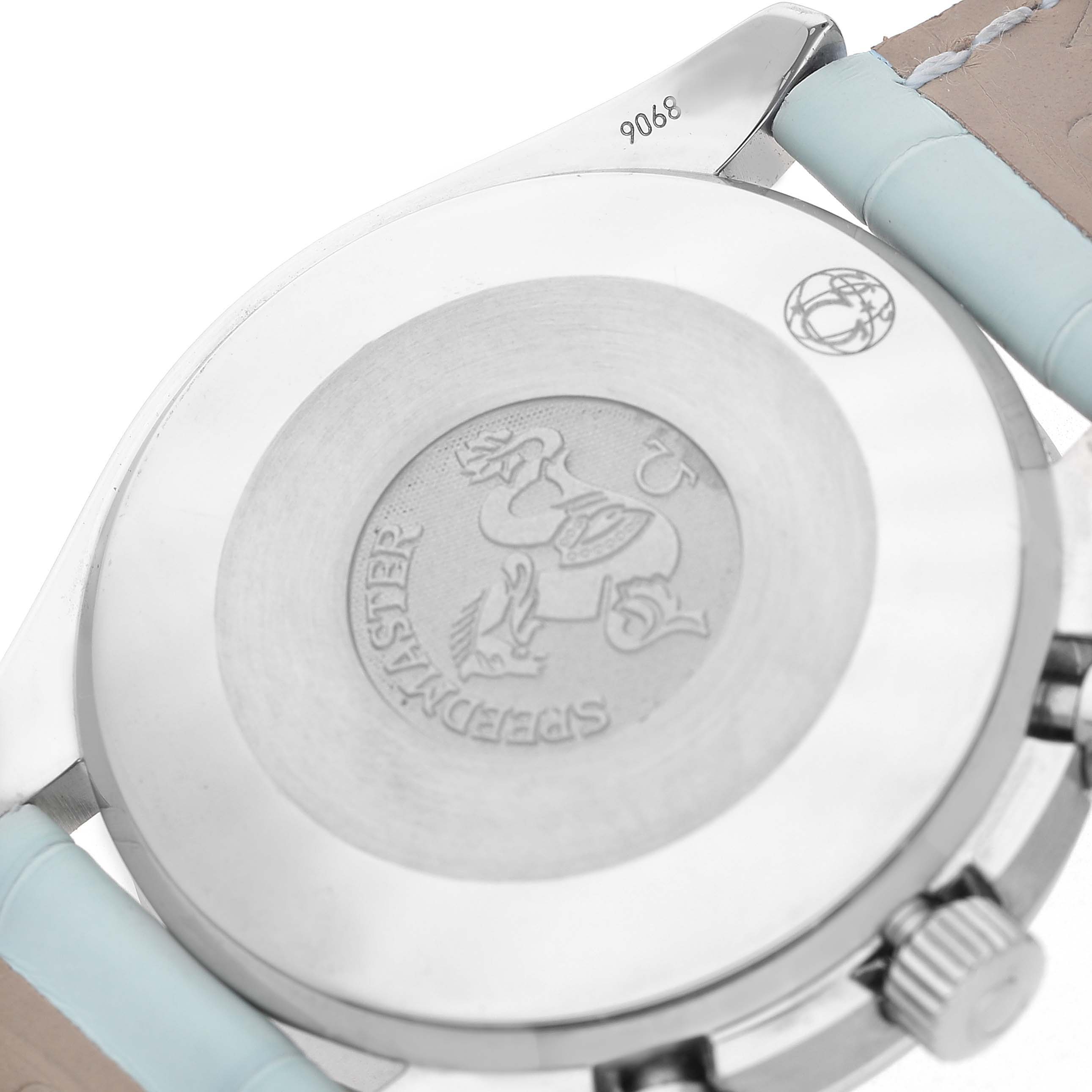 The image shows the back case with engraving and part of the strap and crown of an Omega Speedmaster 3834.71.33 Men's Stainless Steel Mother of Pearl Dial watch.