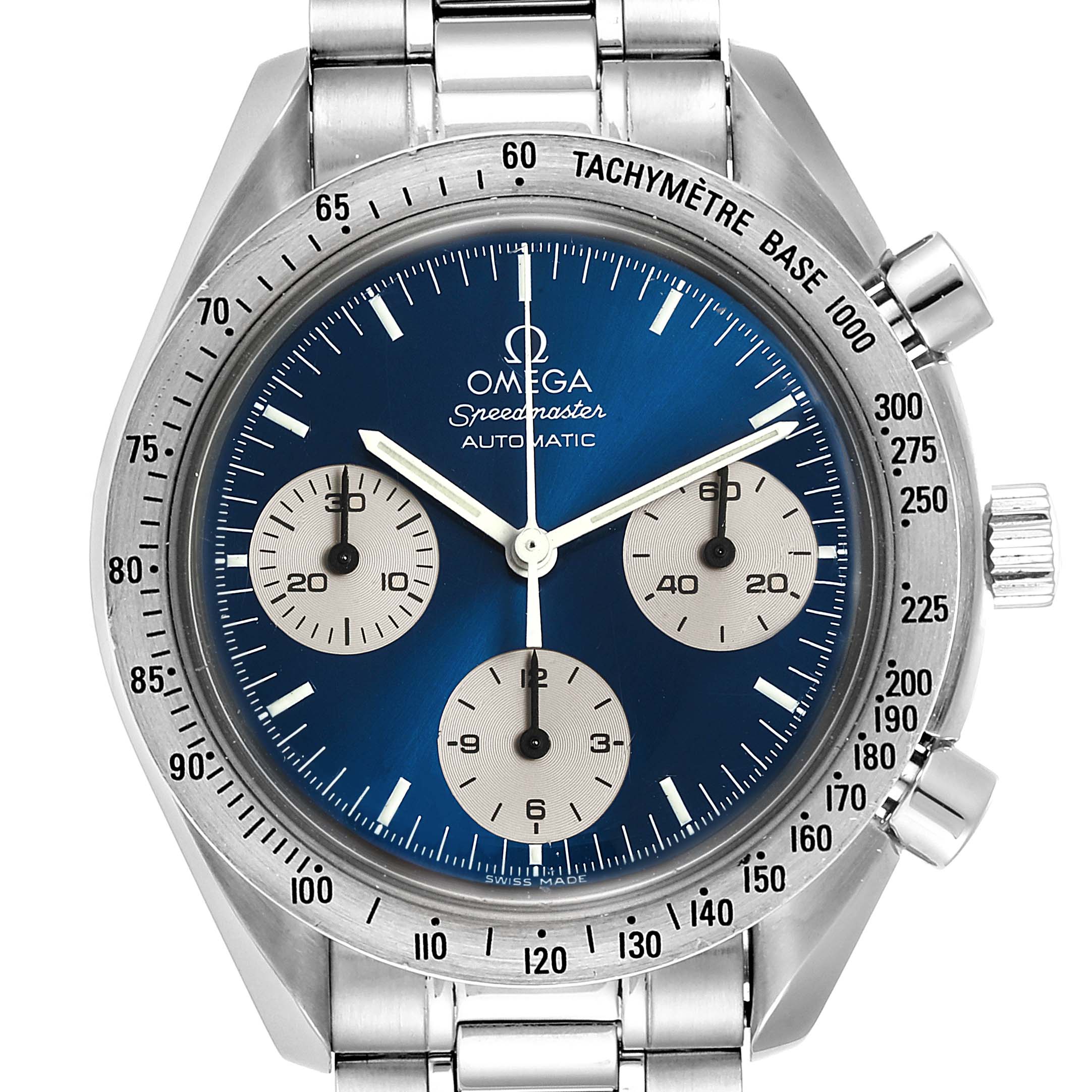 This image shows a frontal view of the Omega Speedmaster 3510.82.00 Men
s Stainless Steel Blue Dial 3510.82.00 Men
s Stainless Steel Blue Dial watch, detailing the dial, tachymeter, and chronograph subdials.