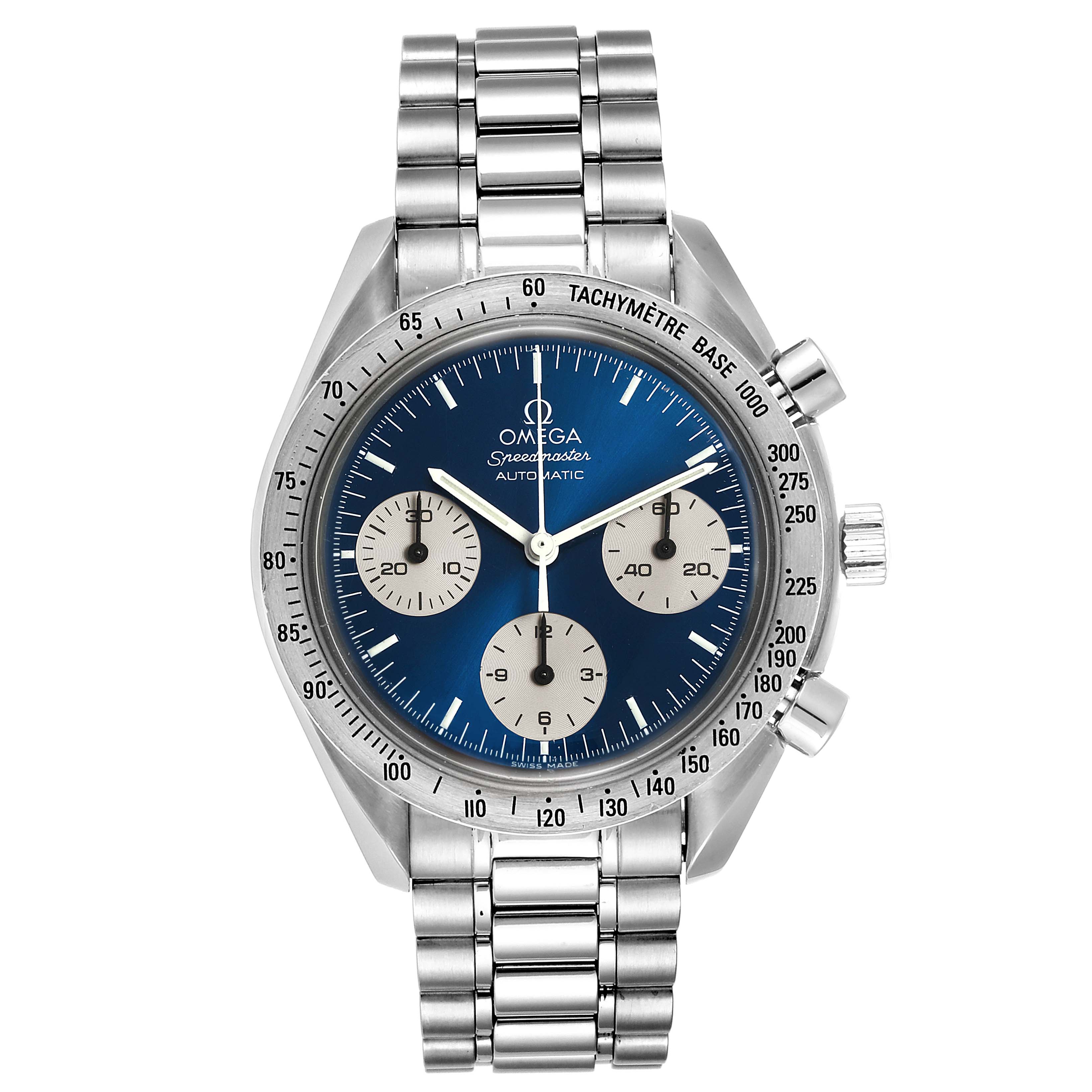 This is an Omega Speedmaster 3510.82.00 Men
s Stainless Steel Blue Dial 3510.82.00 Men
s Stainless Steel Blue Dial watch with a silver bracelet, blue dial, and three subdials, shown from a front view.