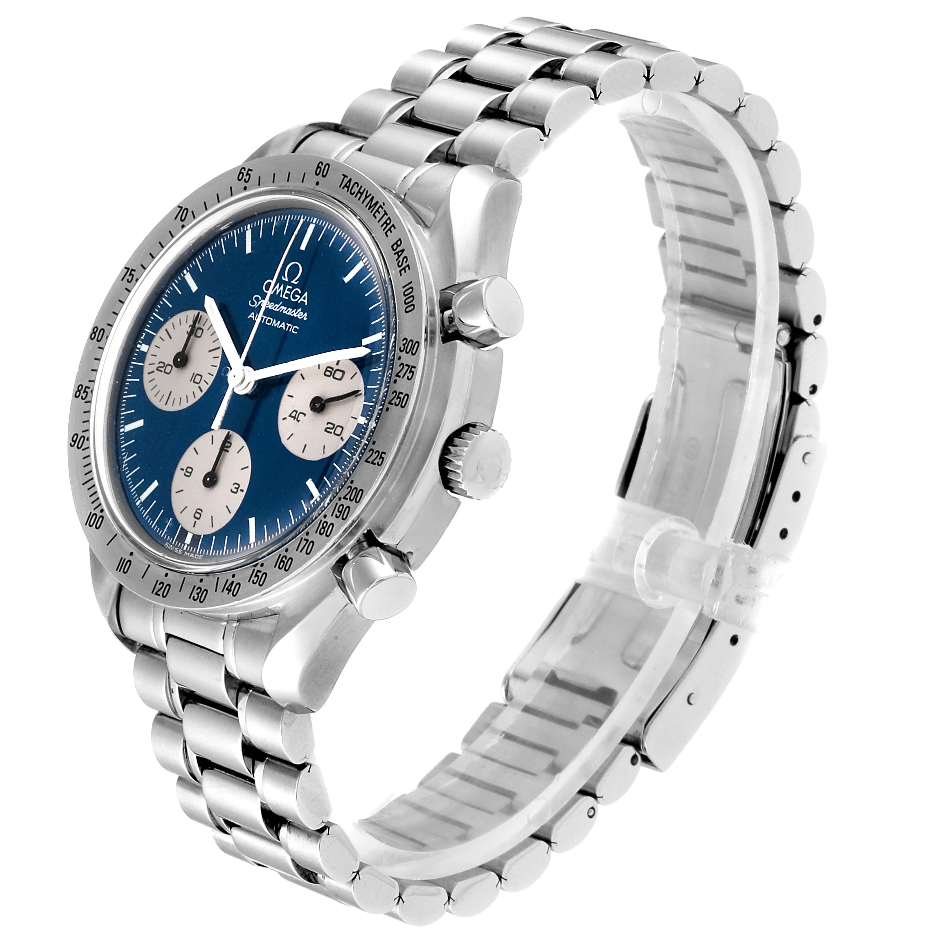 The Omega Speedmaster 3510.82.00 Men
s Stainless Steel Blue Dial 3510.82.00 Men
s Stainless Steel Blue Dial watch is shown from a three-quarter angle, highlighting the face, bezel, crown, pushers, and metal bracelet.