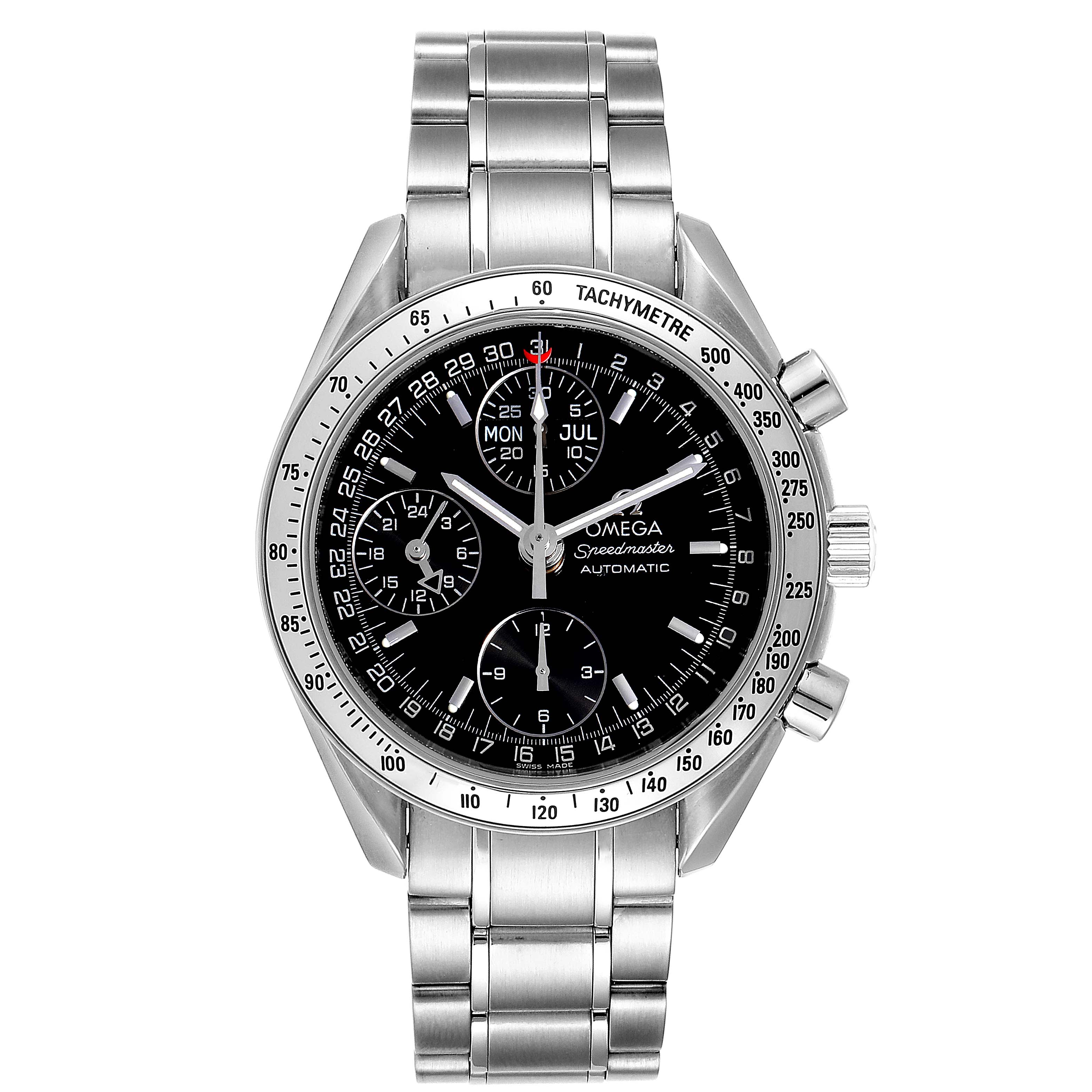 The Omega Speedmaster 3523.50.00 Men
s Stainless Steel Black Dial 3523.50.00 Men
s Stainless Steel Black Dial watch is shown from a front view, displaying its face, dial, bezel, and stainless steel bracelet.