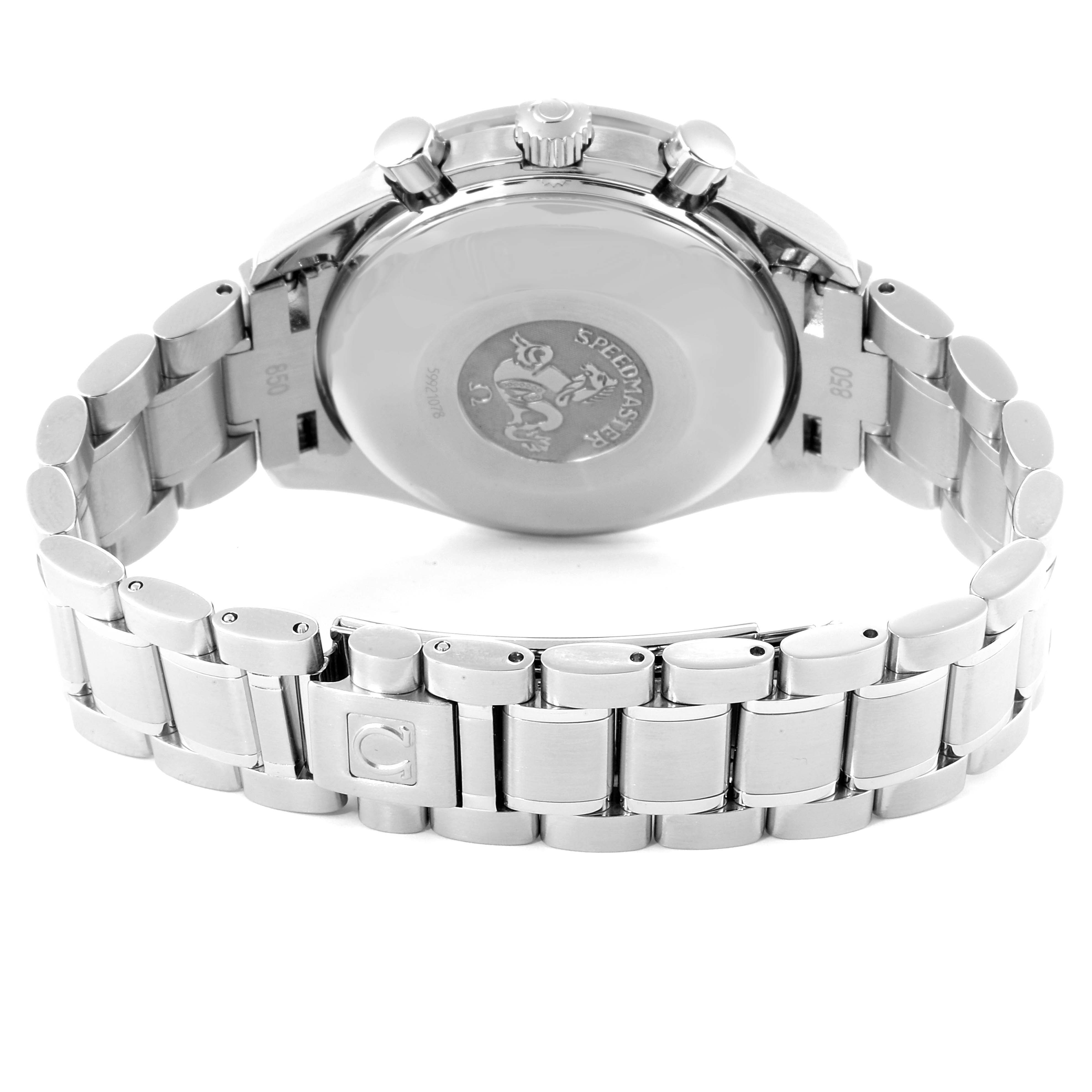 The image shows the back case and bracelet of an Omega Speedmaster 3523.50.00 Men
s Stainless Steel Black Dial 3523.50.00 Men
s Stainless Steel Black Dial watch from a rear angle.