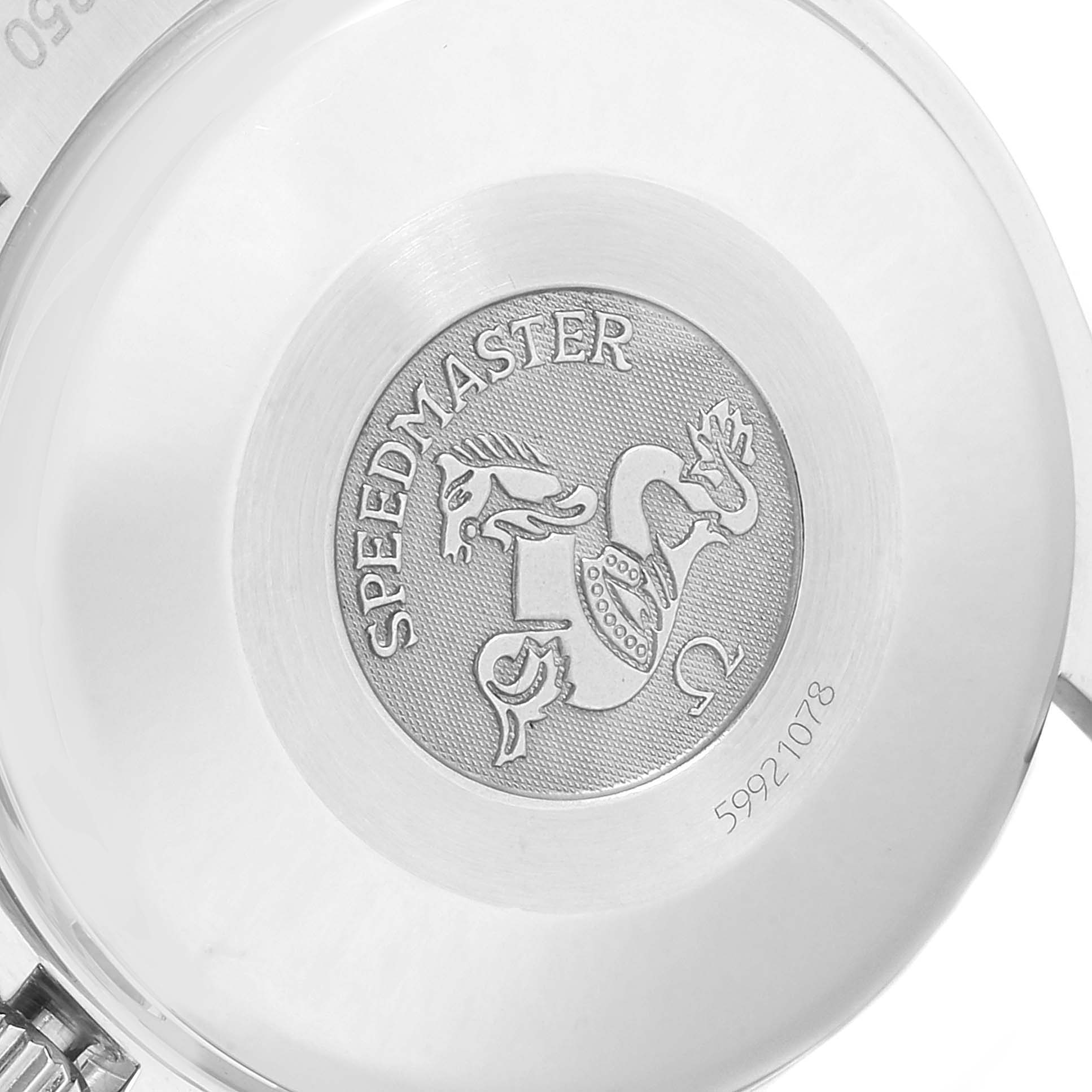 The image shows the back case of an Omega Speedmaster 3523.50.00 Men
s Stainless Steel Black Dial 3523.50.00 Men
s Stainless Steel Black Dial watch with engraved details.