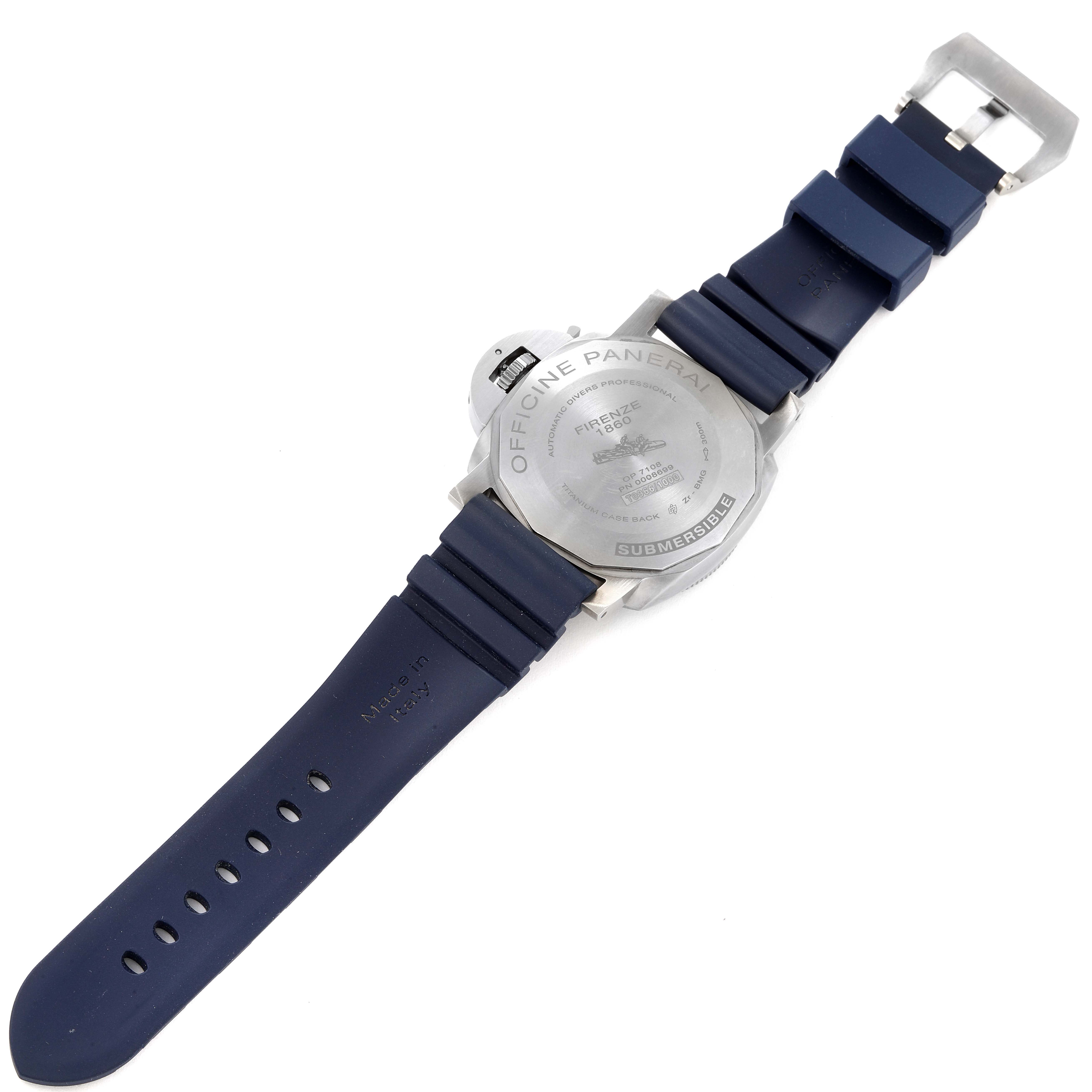 The image shows the back of the Panerai Submersible PAM00692 Men's Stainless Steel Blue Dial PAM00692 Men's Stainless Steel Blue Dial watch, highlighting the case back and blue rubber strap.