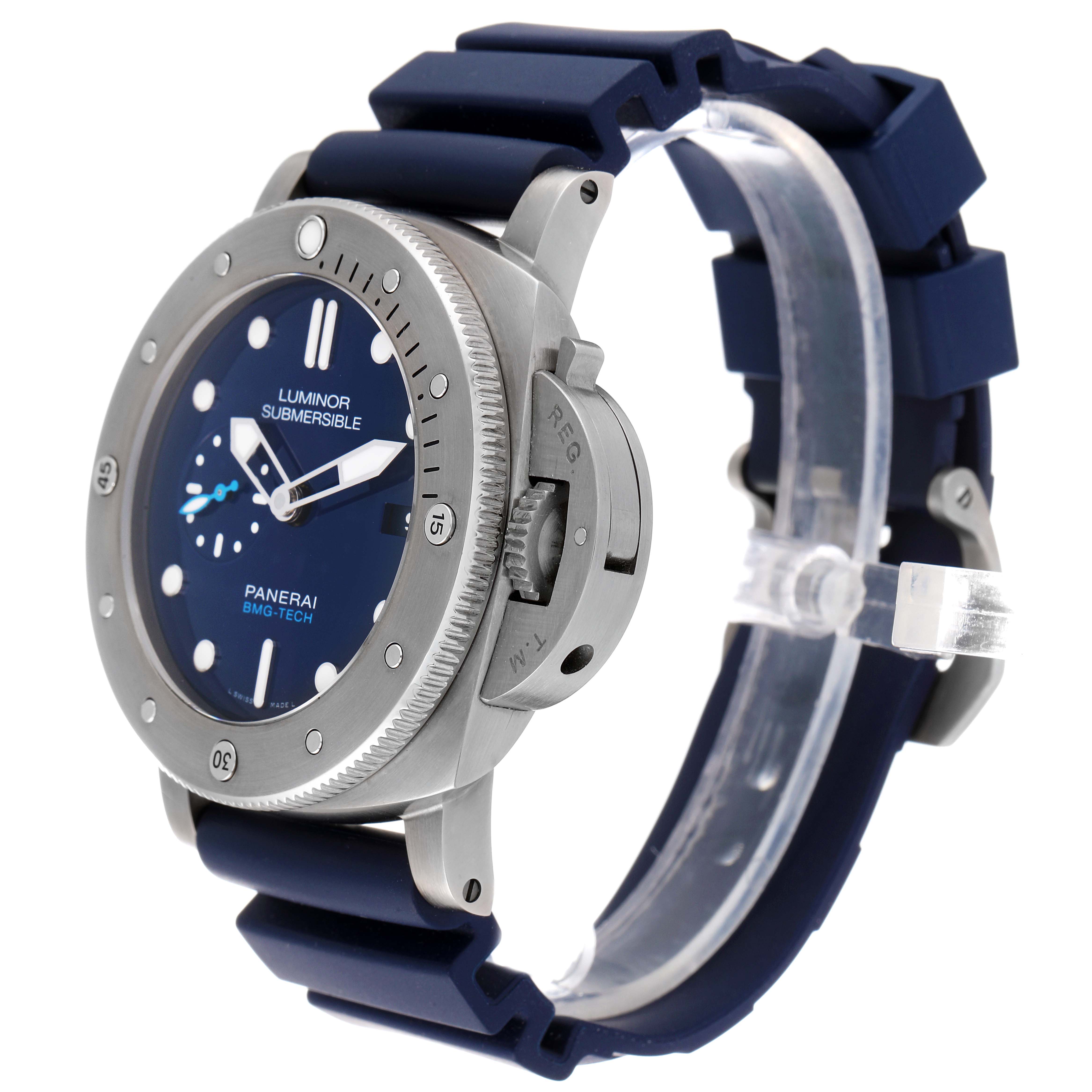 The Panerai Submersible PAM00692 Men's Stainless Steel Blue Dial PAM00692 Men's Stainless Steel Blue Dial watch is shown at a three-quarter angle, highlighting the dial, bezel, and strap.