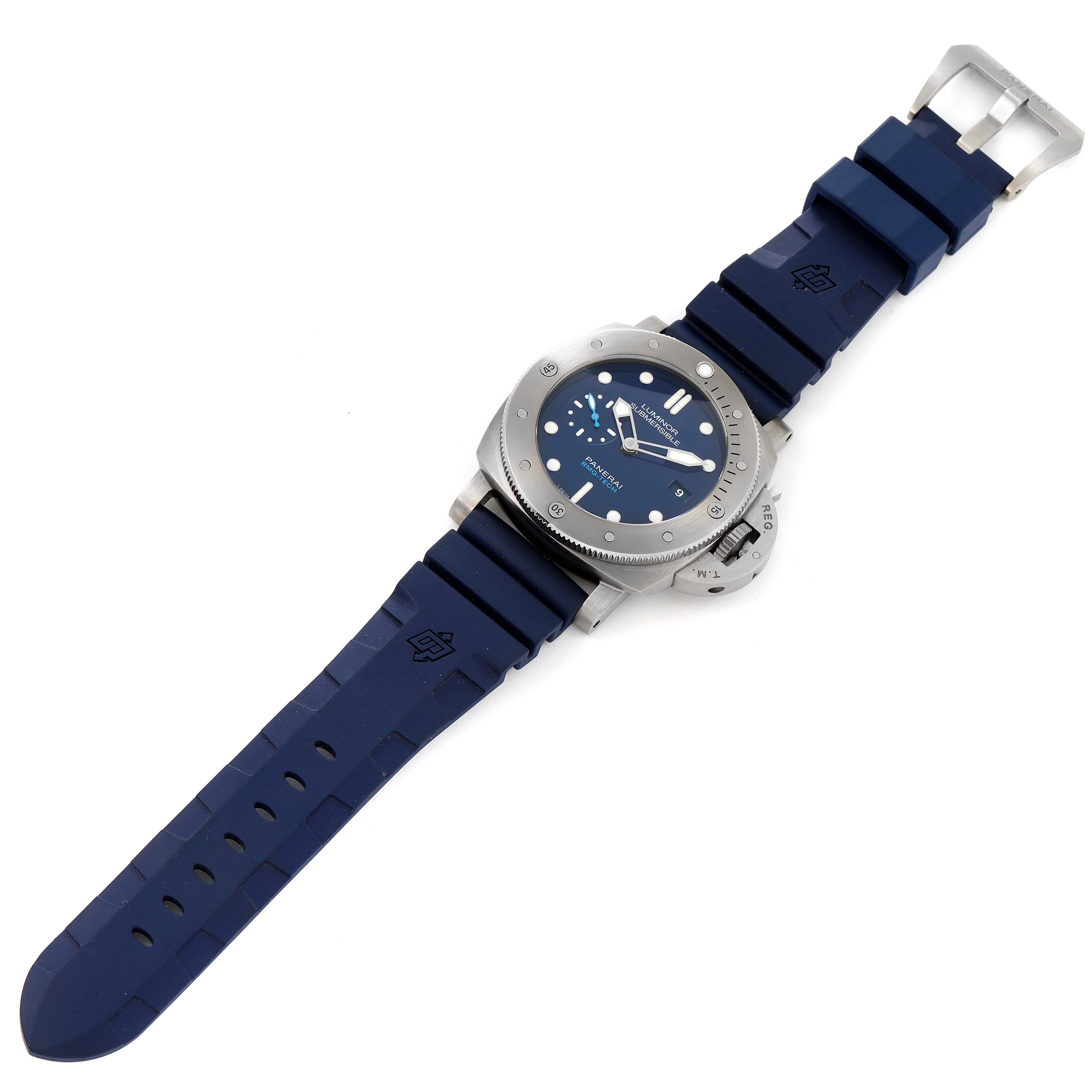 The Panerai Submersible PAM00692 Men's Stainless Steel Blue Dial PAM00692 Men's Stainless Steel Blue Dial watch is shown from an overhead angle, displaying its face, bezel, and blue rubber strap.