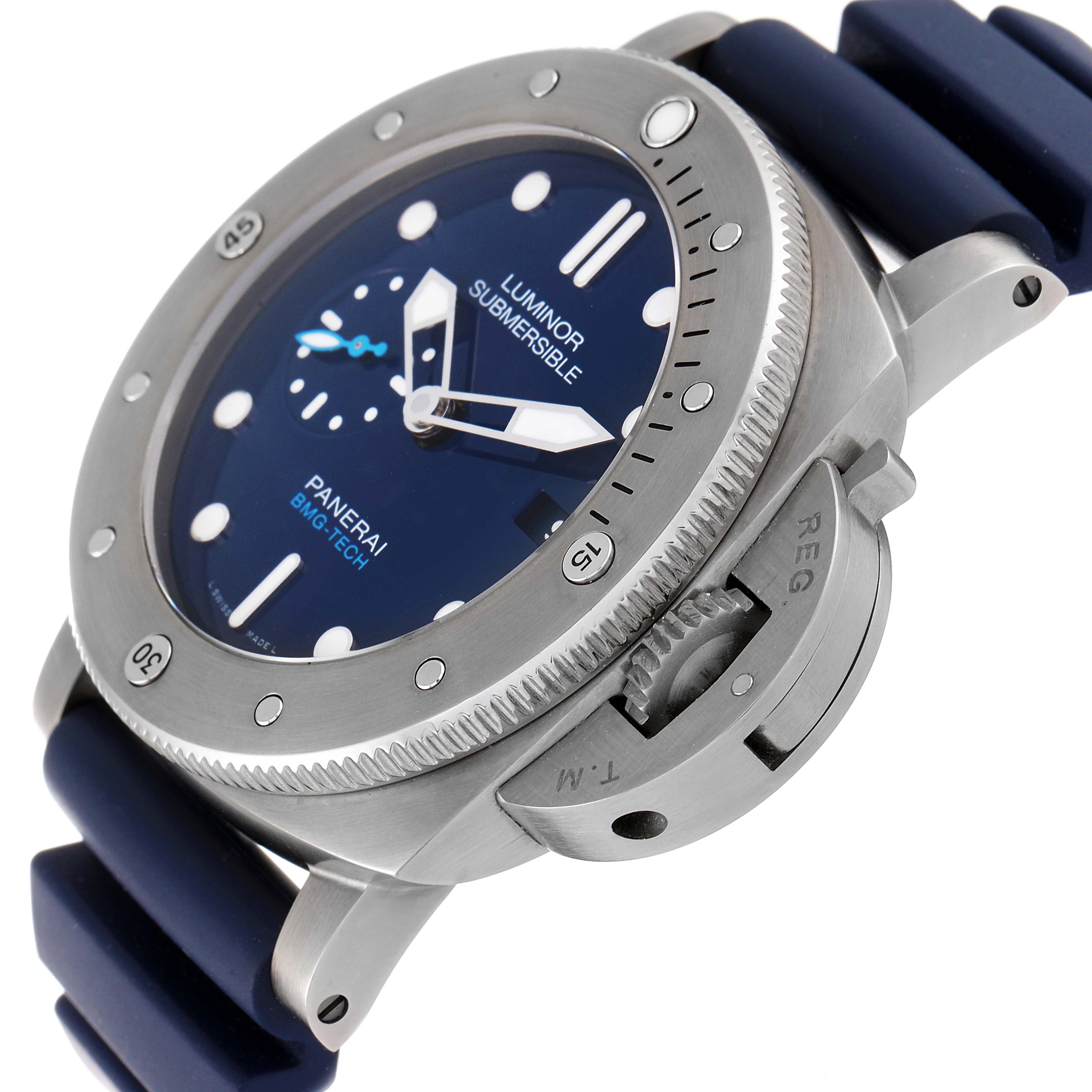 The image shows a side angle of the Panerai Submersible PAM00692 Men's Stainless Steel Blue Dial PAM00692 Men's Stainless Steel Blue Dial watch, highlighting the bezel, dial, and crown guard.