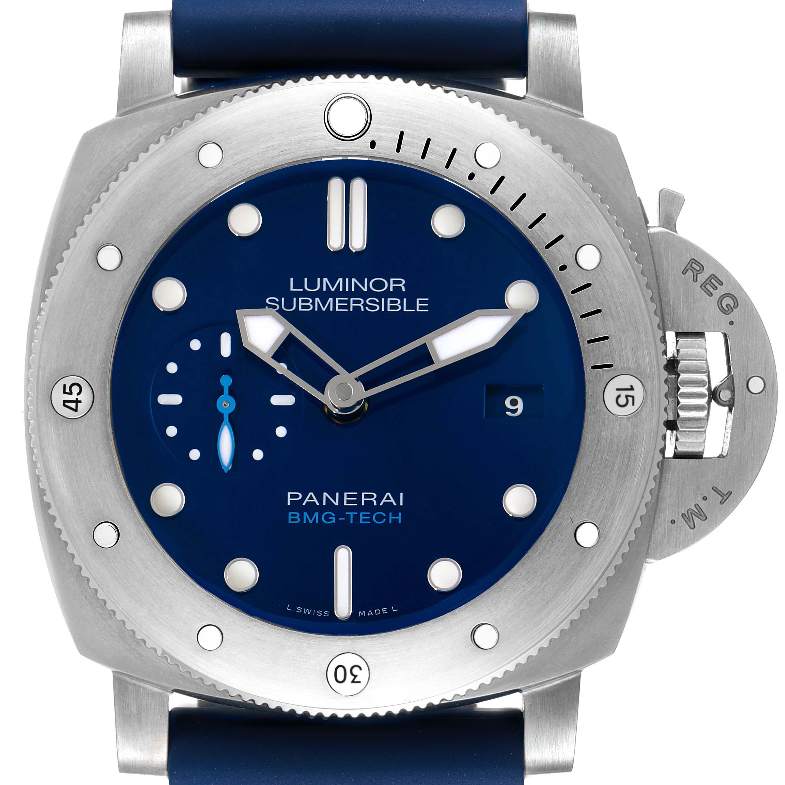 The Panerai Submersible PAM00692 Men's Stainless Steel Blue Dial PAM00692 Men's Stainless Steel Blue Dial watch is shown from the front, detailing its blue dial, hour markers, date window, and protective crown guard.