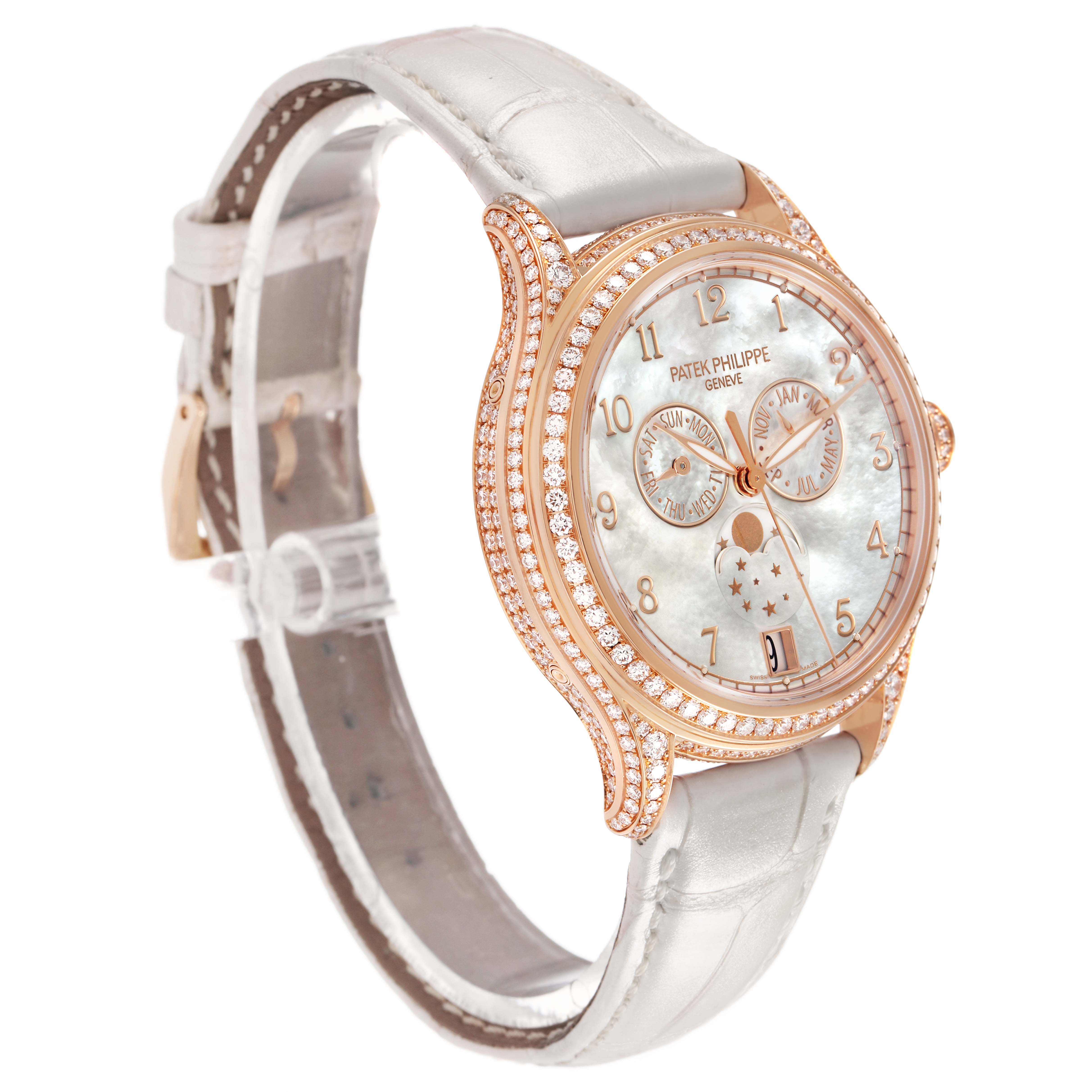 This Patek Philippe Complications 4948R-001 Women's Rose Gold Mother of Pearl Dial watch is shown at an angled side view, displaying the face, bezel, dial, and strap.