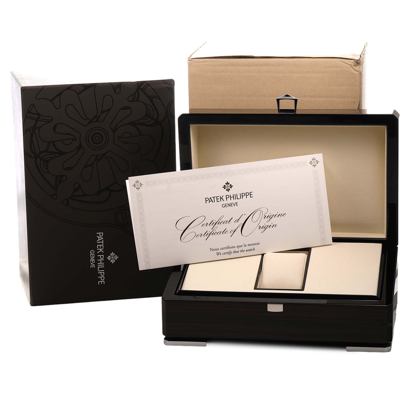 The image shows a Patek Philippe Complications 4948R-001 Women's Rose Gold Mother of Pearl Dial model box with its certificate of origin, viewed from the front.