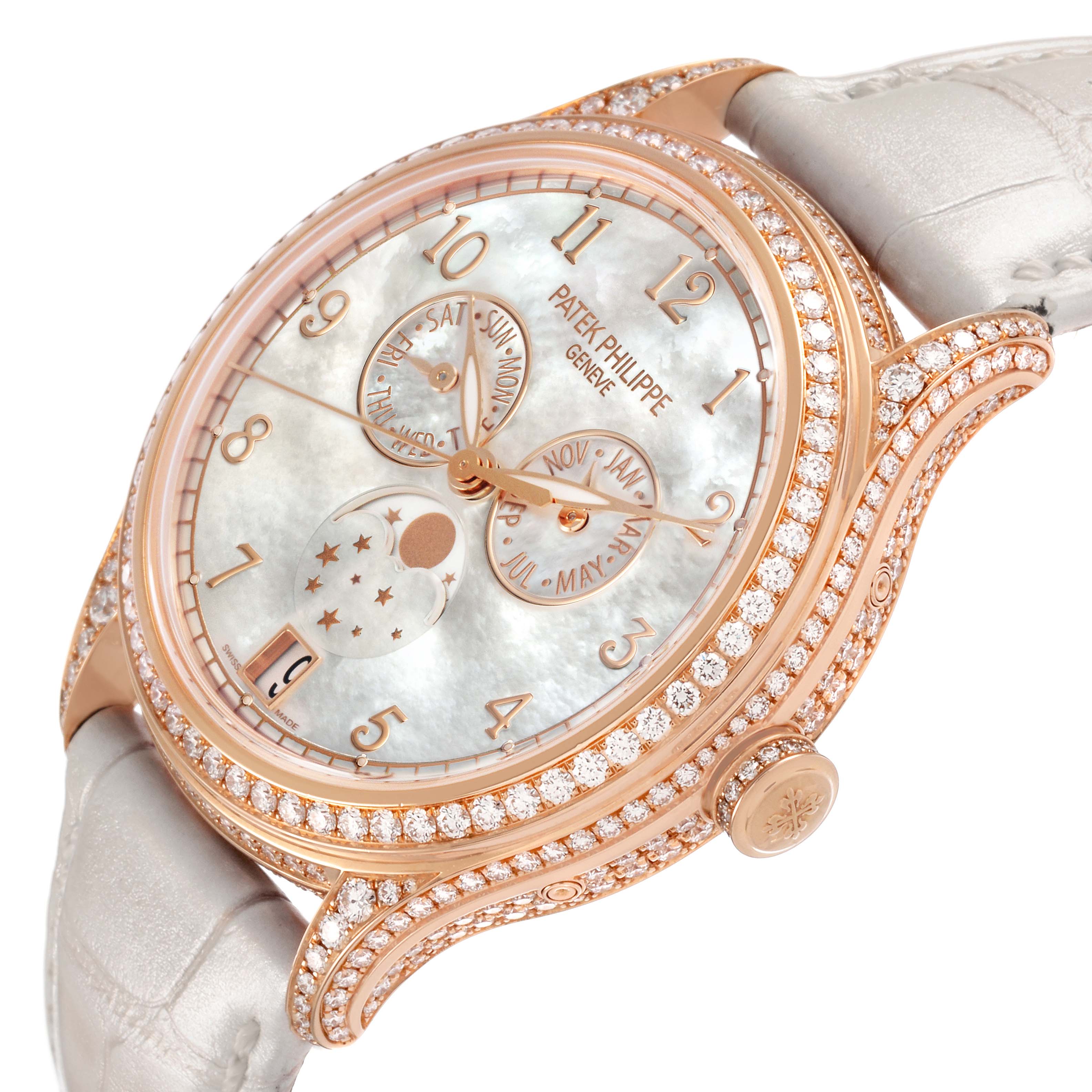 The Patek Philippe Complications 4948R-001 Women's Rose Gold Mother of Pearl Dial watch is shown from a side angle, highlighting its diamond-studded bezel and dial features.