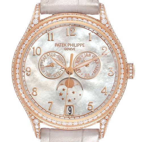 The Patek Philippe Complications 4948R-001 Women's Rose Gold Mother of Pearl Dial watch is shown from the front, displaying the dial, moon phase, day, and month indicators.