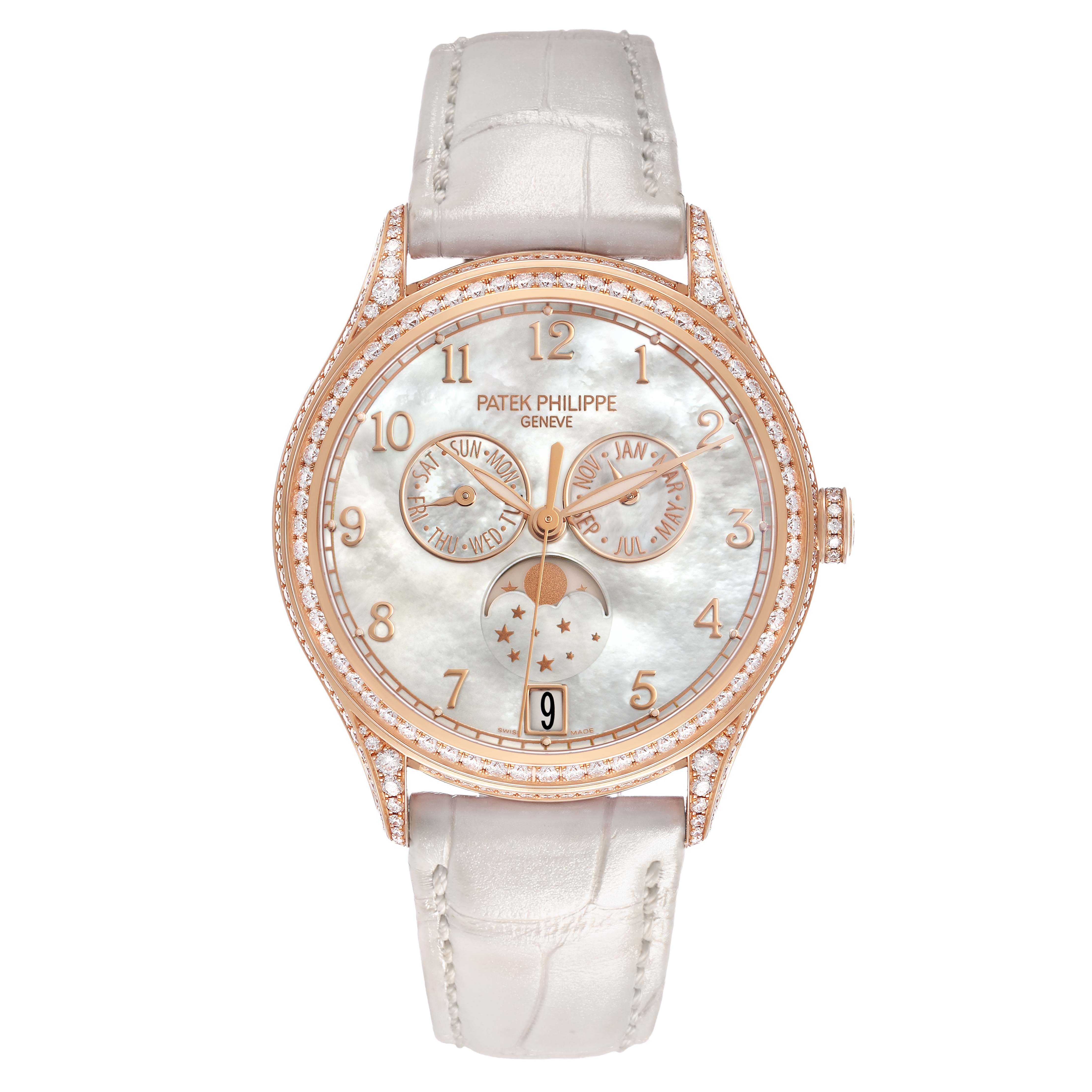The Patek Philippe Complications 4948R-001 Women's Rose Gold Mother of Pearl Dial watch is shown from a front angle, highlighting its face, dial, hands, and strap.
