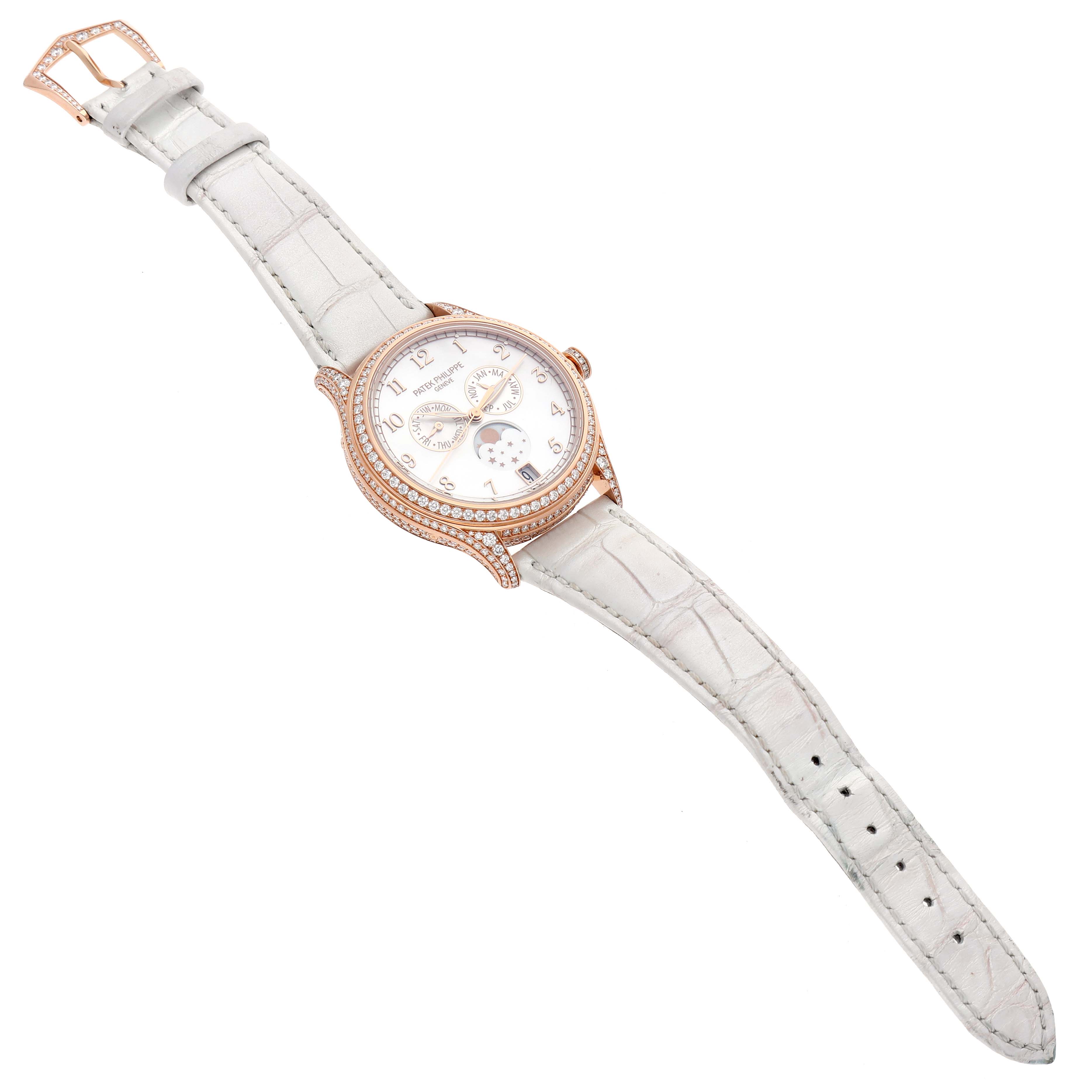 The Patek Philippe Complications 4948R-001 Women's Rose Gold Mother of Pearl Dial model is shown at a slight angle, displaying the face, bezel, crown, and leather strap.