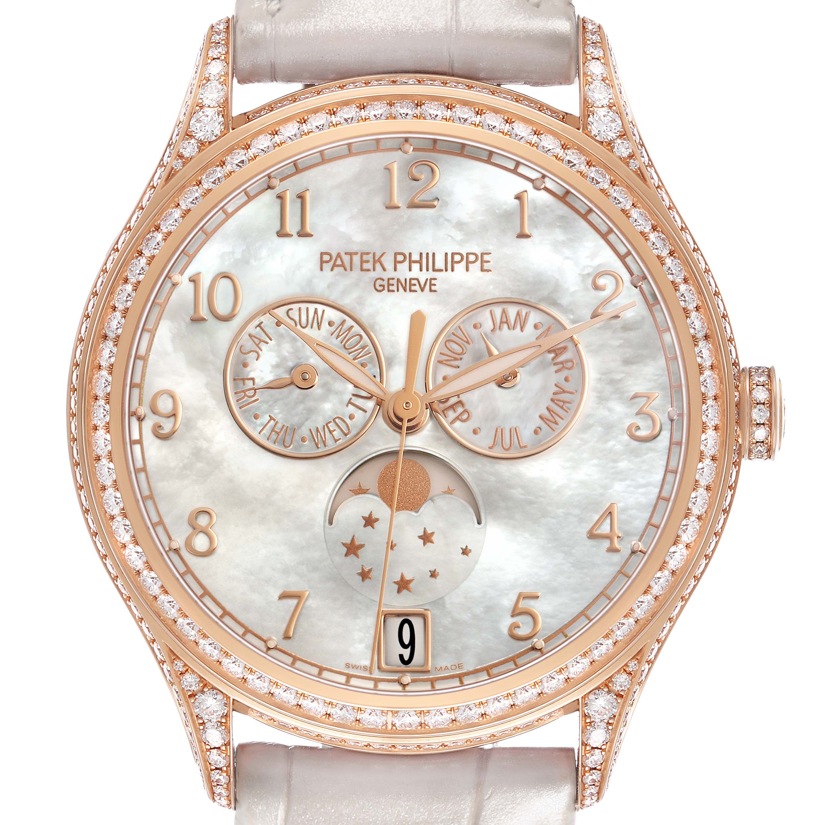 The Patek Philippe Complications 4948R-001 Women's Rose Gold Mother of Pearl Dial watch is shown from a front angle, highlighting the dial, subdials, and diamond-encrusted bezel.