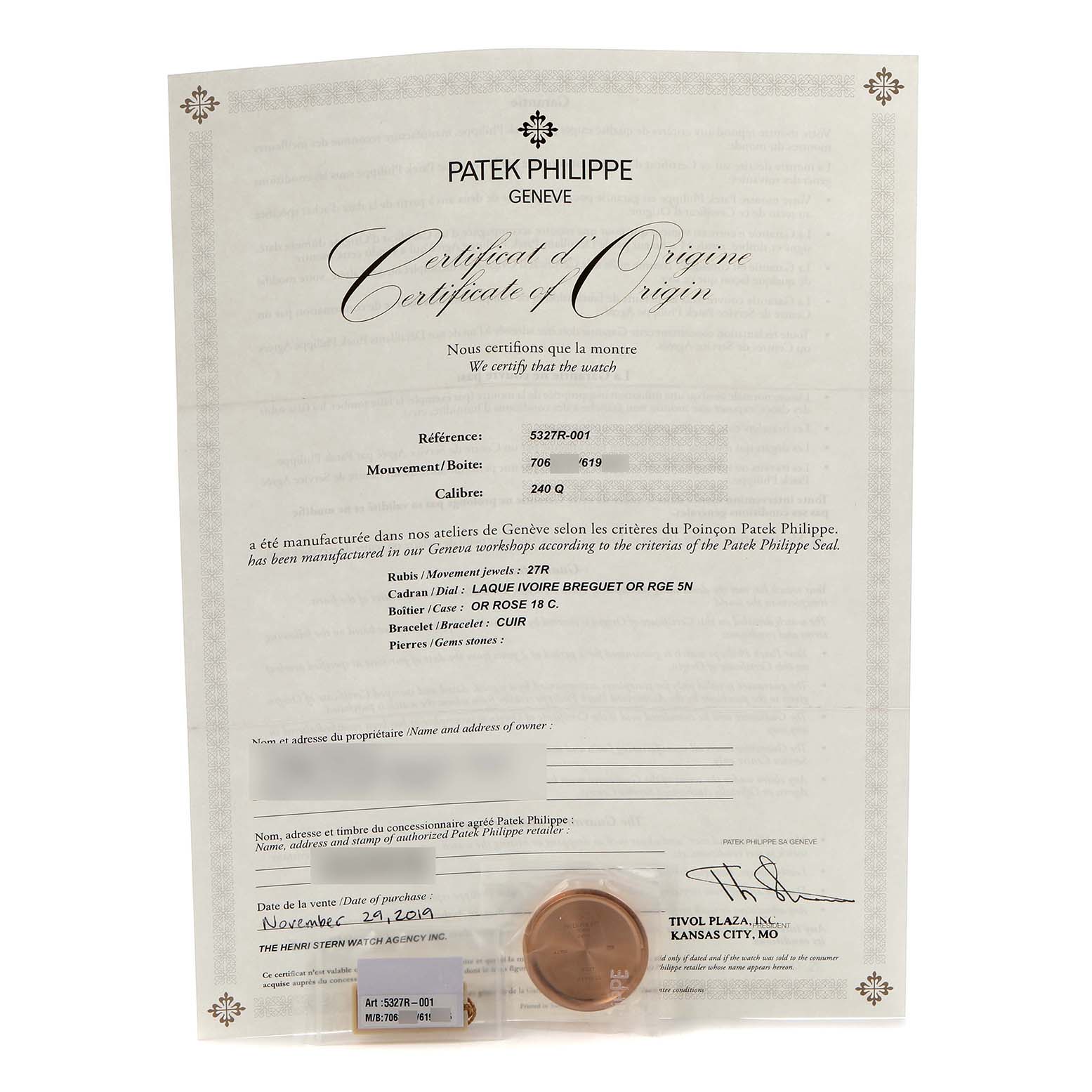 The image shows a Certificate of Origin for the Patek Philippe Complications 5327R Men
s Rose Gold White Dial 5327R Men
s Rose Gold White Dial model, with no watch or accessories visible.