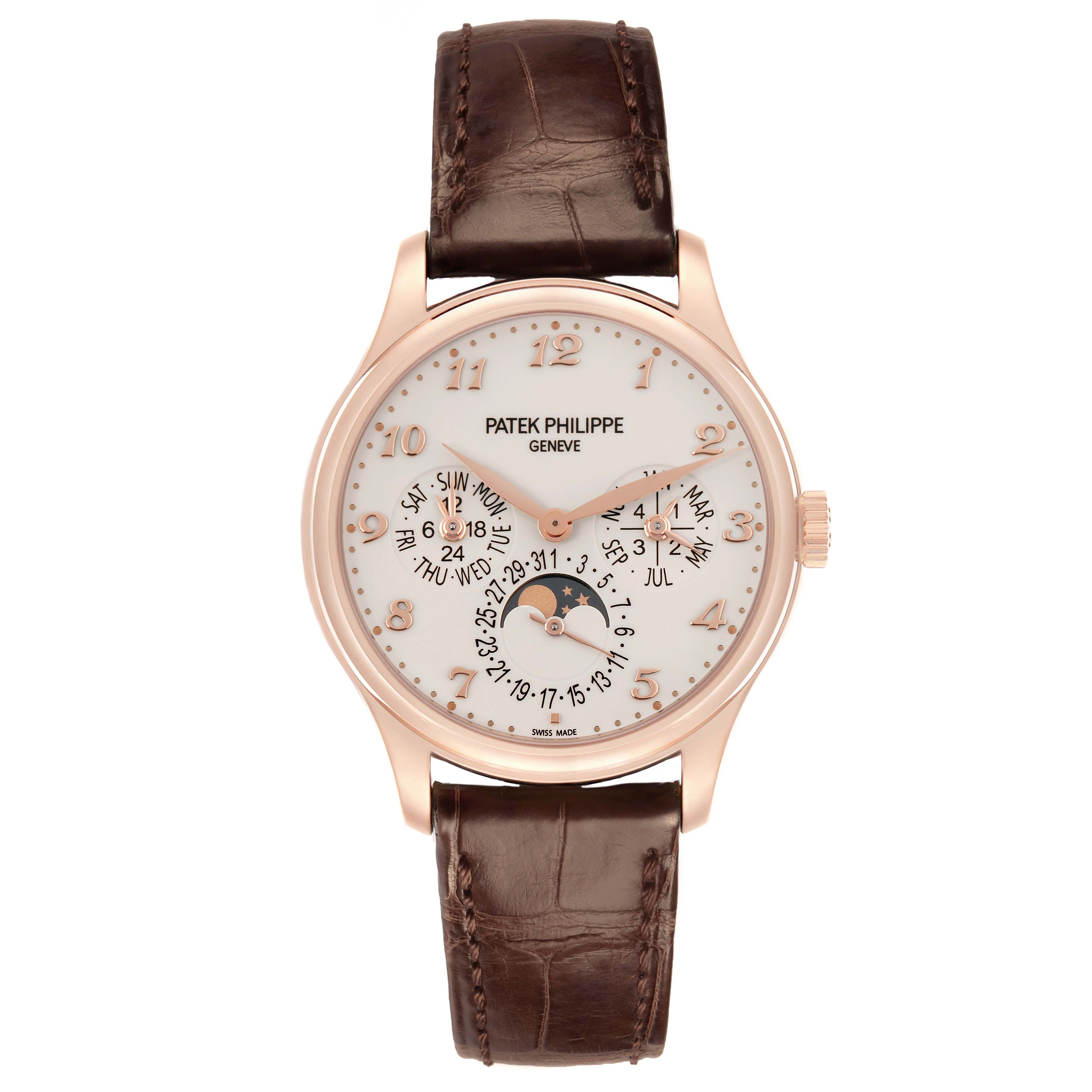 The Patek Philippe Complications 5327R Men
s Rose Gold White Dial 5327R Men
s Rose Gold White Dial watch is shown from the front, displaying the dial, complications, and leather strap.