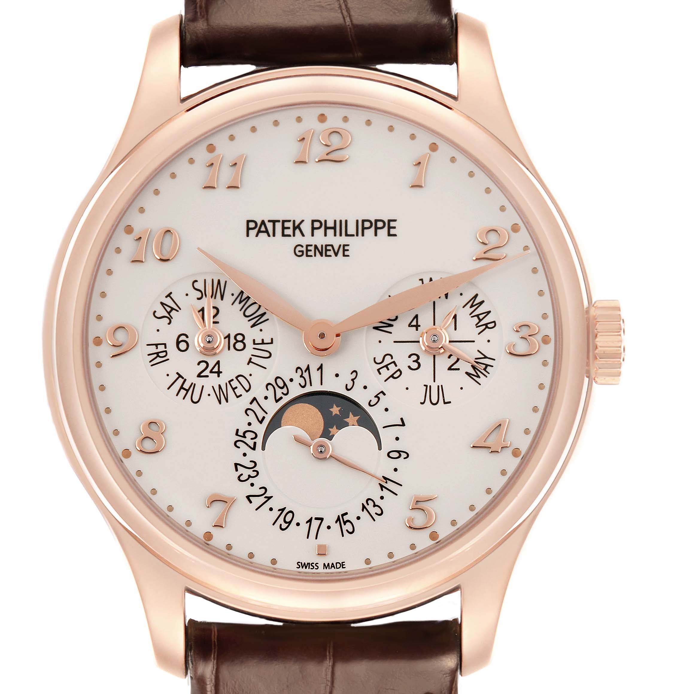 The Patek Philippe Complications 5327R Men
s Rose Gold White Dial 5327R Men
s Rose Gold White Dial watch is shown from the front, highlighting the dial, hands, calendar, and moon phase features.