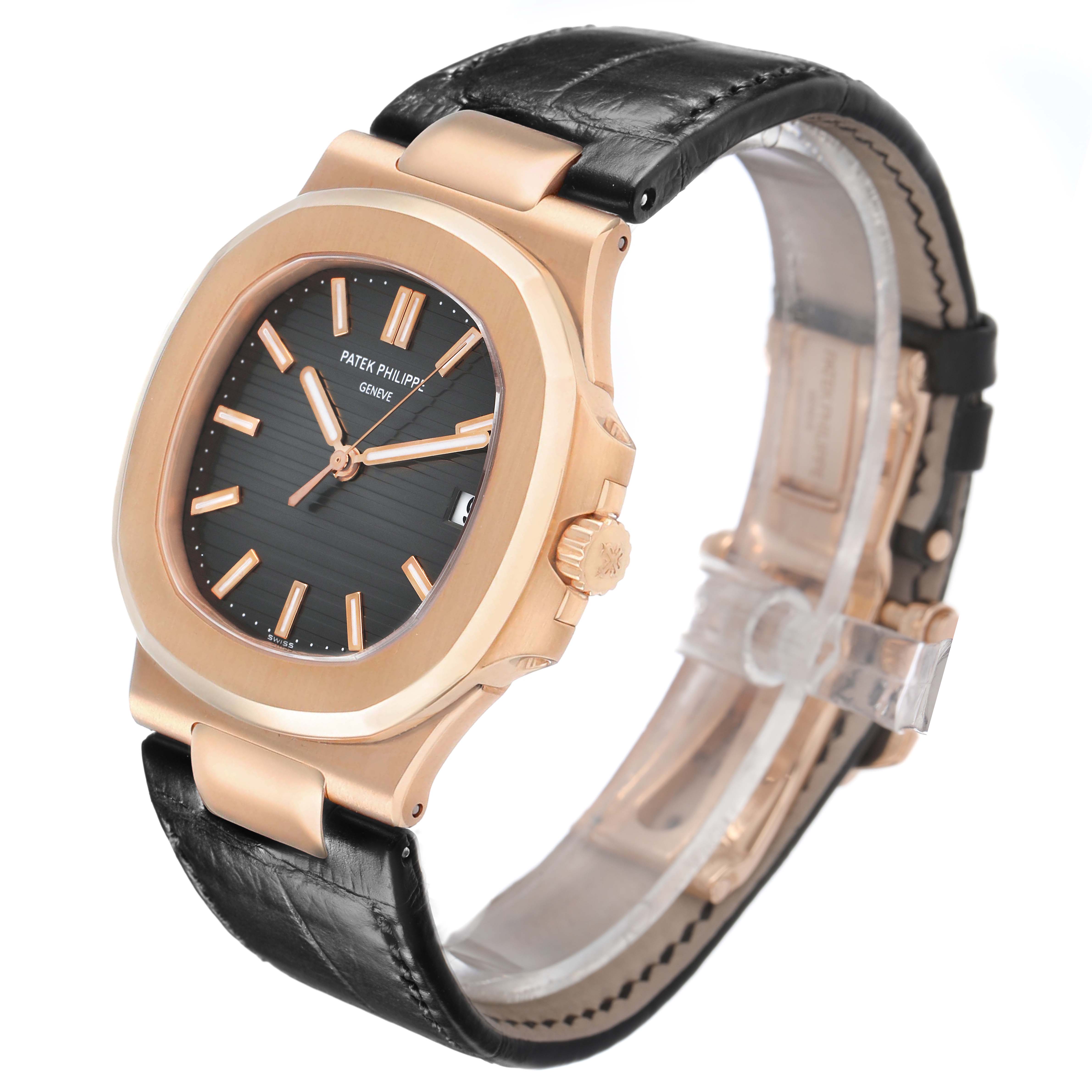 The Patek Philippe Nautilus 5711R-001 Men's Rose Gold Grey Dial watch is shown at a slight angle, highlighting the case, dial, crown, and leather strap.