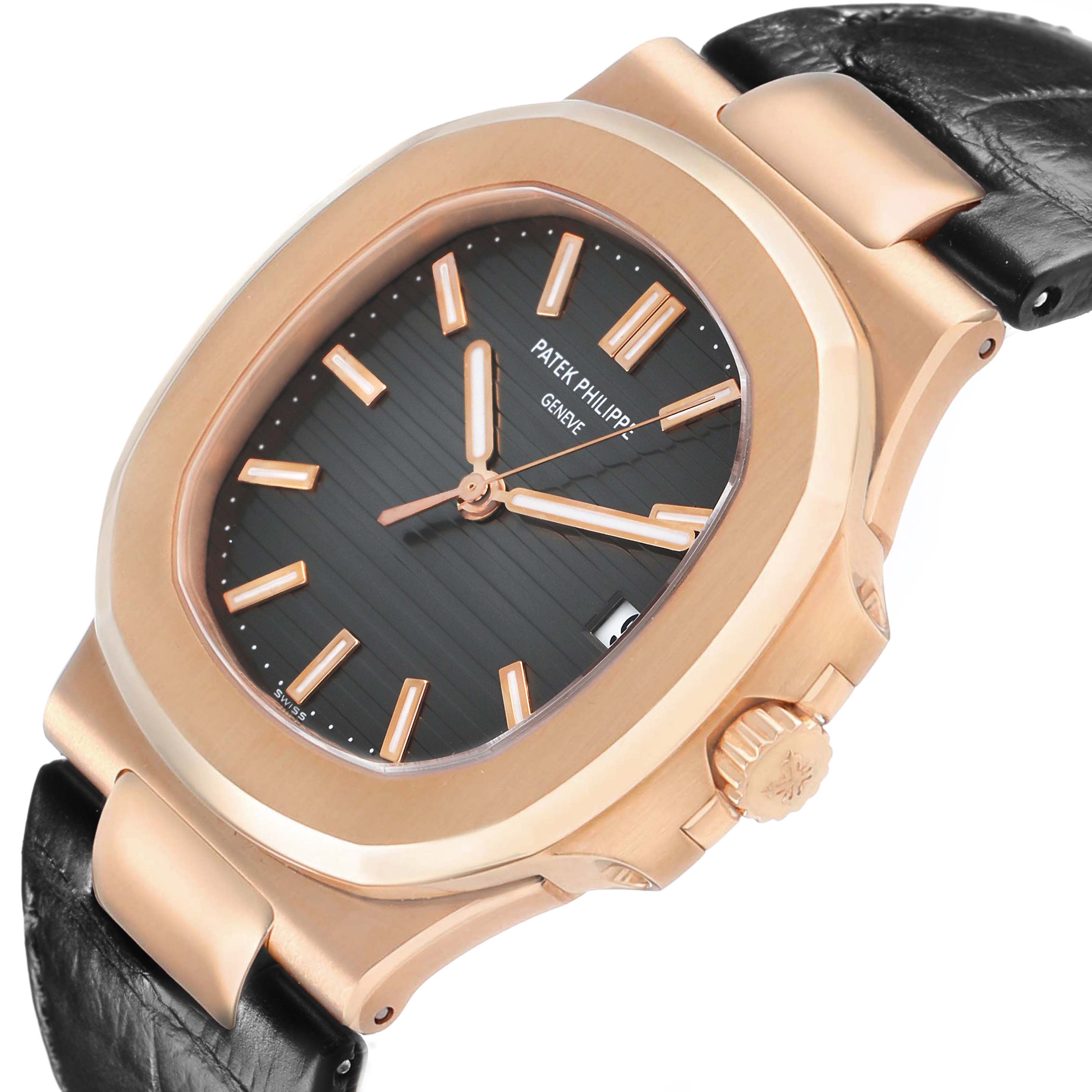 The Patek Philippe Nautilus 5711R-001 Men's Rose Gold Grey Dial watch is shown at a slight angle, highlighting the dial, case, crown, and leather strap.
