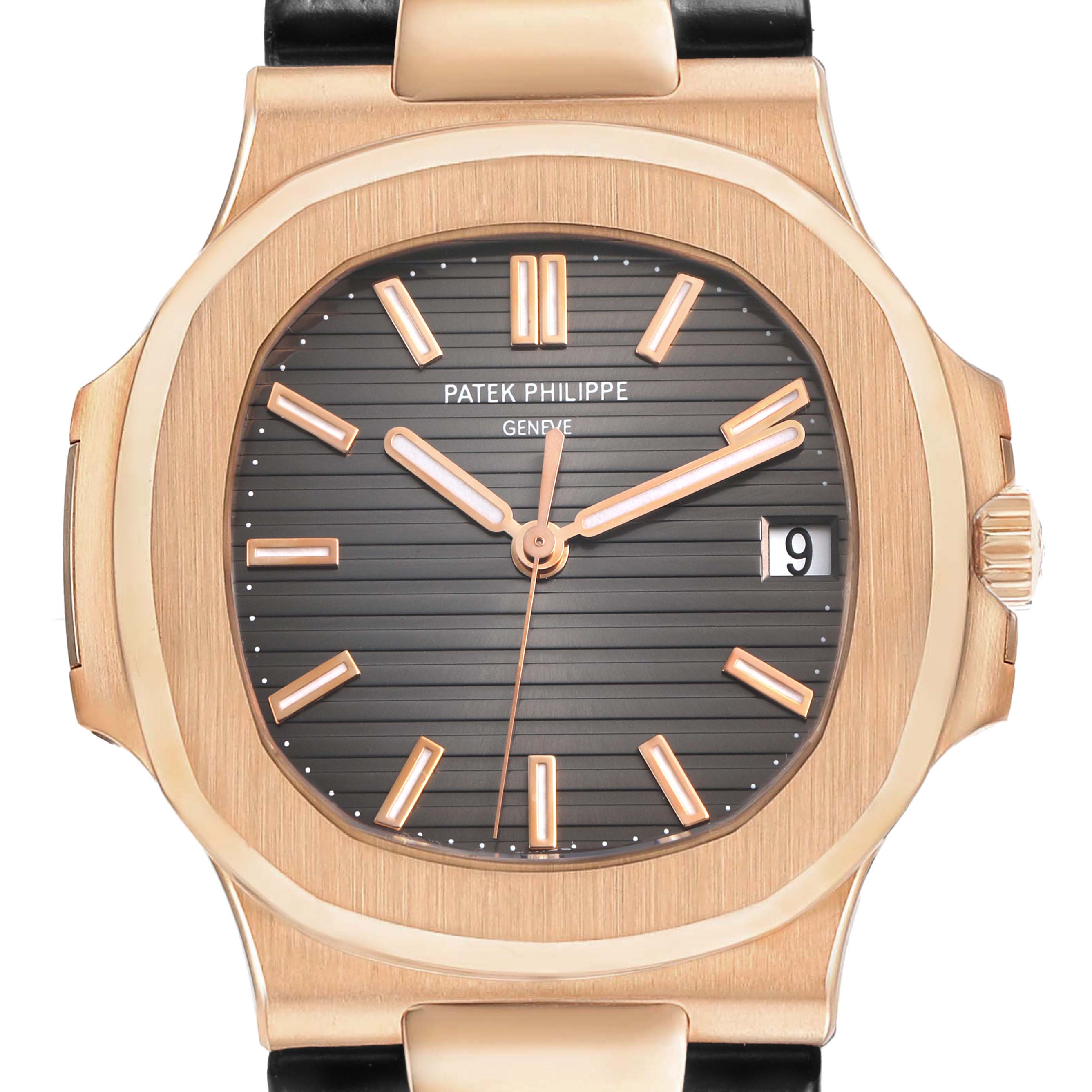 The image shows a frontal view of a Patek Philippe Nautilus 5711R-001 Men's Rose Gold Grey Dial watch, displaying the dial, hands, date window, and case.
