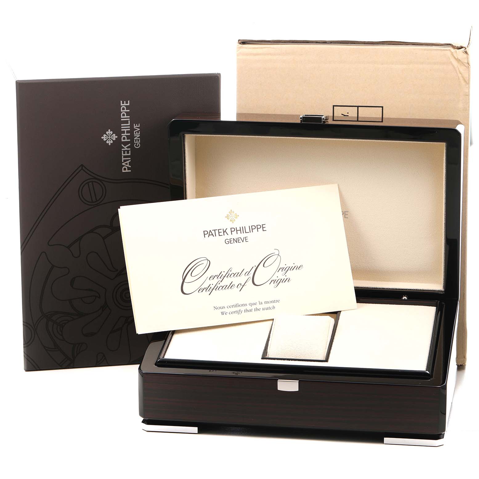 The image shows the Patek Philippe Nautilus 5711R-001 Men's Rose Gold Grey Dial watch packaging, open box, certificate, and outer sleeve from a front angle.