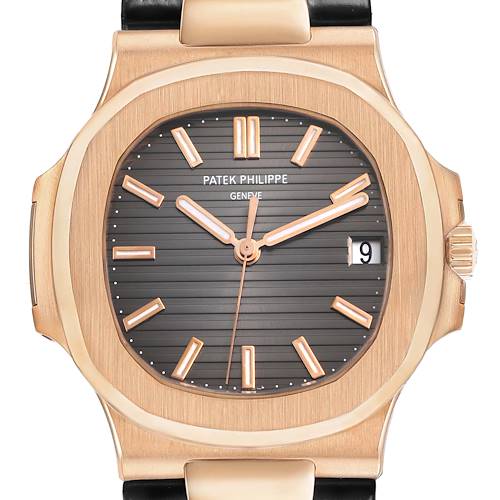 The image shows a front view of a Patek Philippe Nautilus 5711R-001 Men's Rose Gold Grey Dial watch, highlighting its dial, hands, date window, and signature bezel.