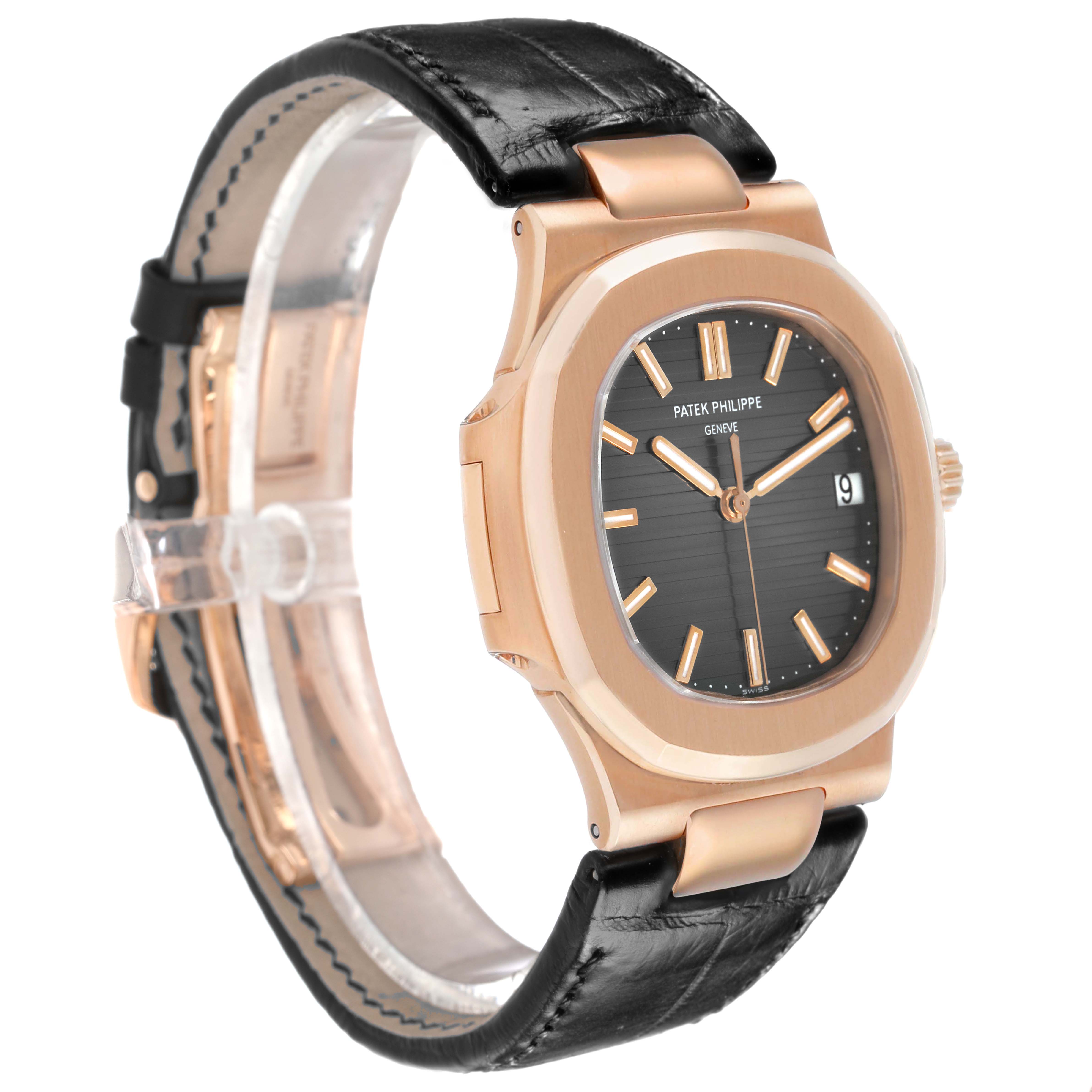 The Patek Philippe Nautilus 5711R-001 Men's Rose Gold Grey Dial watch is shown at a slight angle highlighting the face, bezel, case, and leather strap.