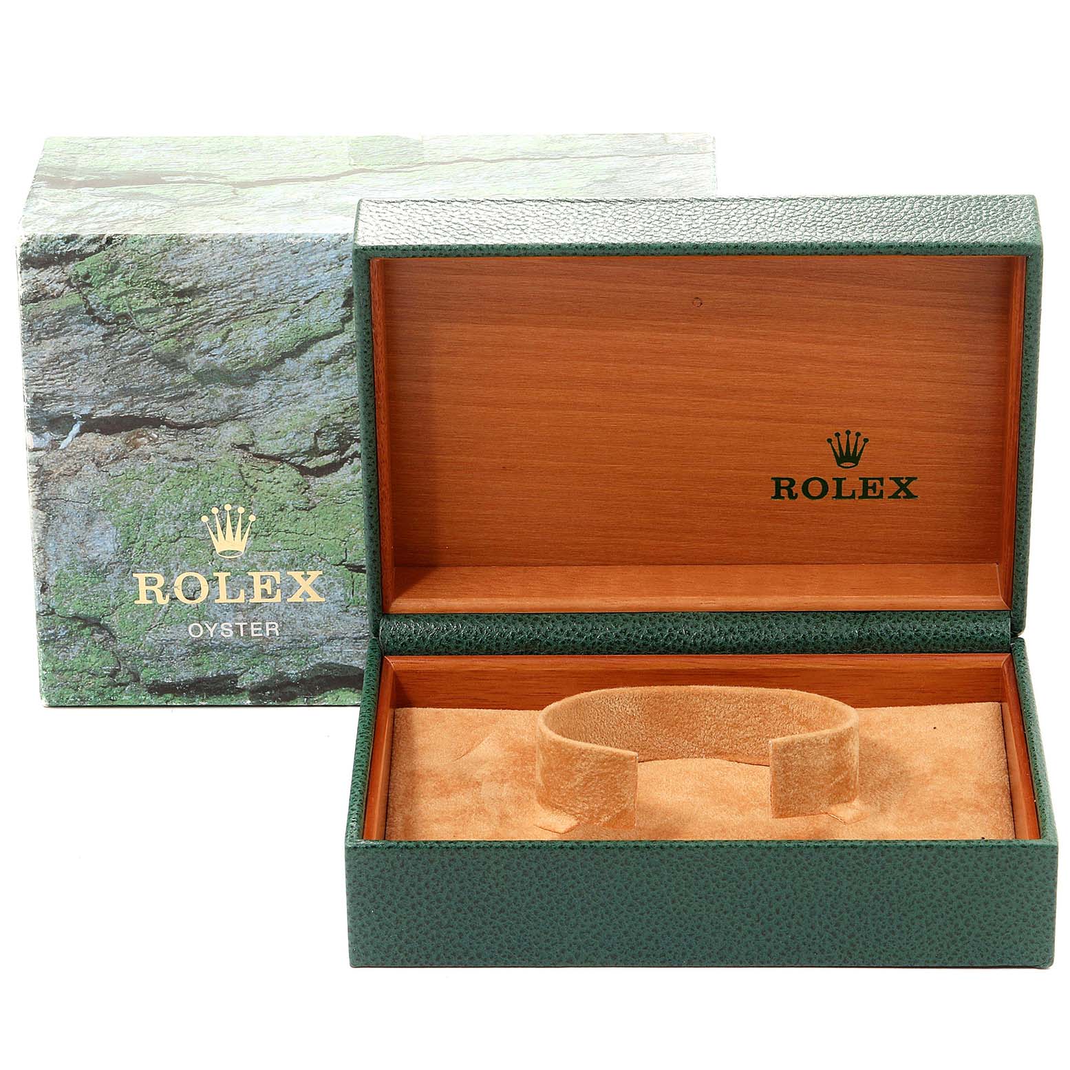 This image shows an open Rolex Air-King 14000 Men's Stainless Steel Black Dial 14000 Men's Stainless Steel Black Dial watch box with its outer box in the background.