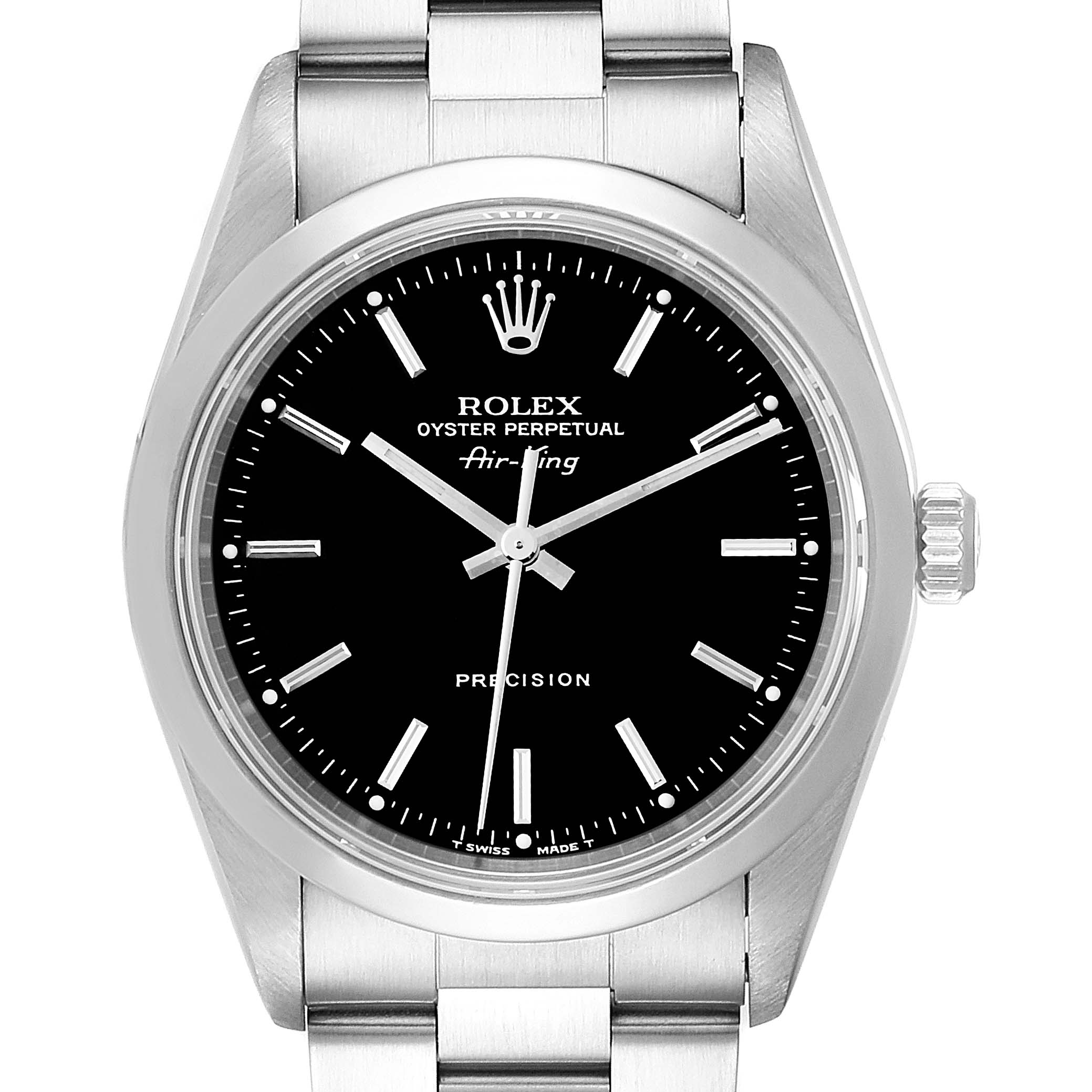 The image shows a front view of a Rolex Air-King 14000 Men's Stainless Steel Black Dial 14000 Men's Stainless Steel Black Dial watch, displaying its black dial, silver hour markers, and stainless steel band.