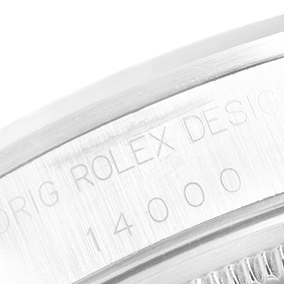 The image shows a close-up of the side engraving on the bezel of a Rolex Air-King 14000 Men's Stainless Steel Black Dial 14000 Men's Stainless Steel Black Dial watch, displaying the model number 14000.