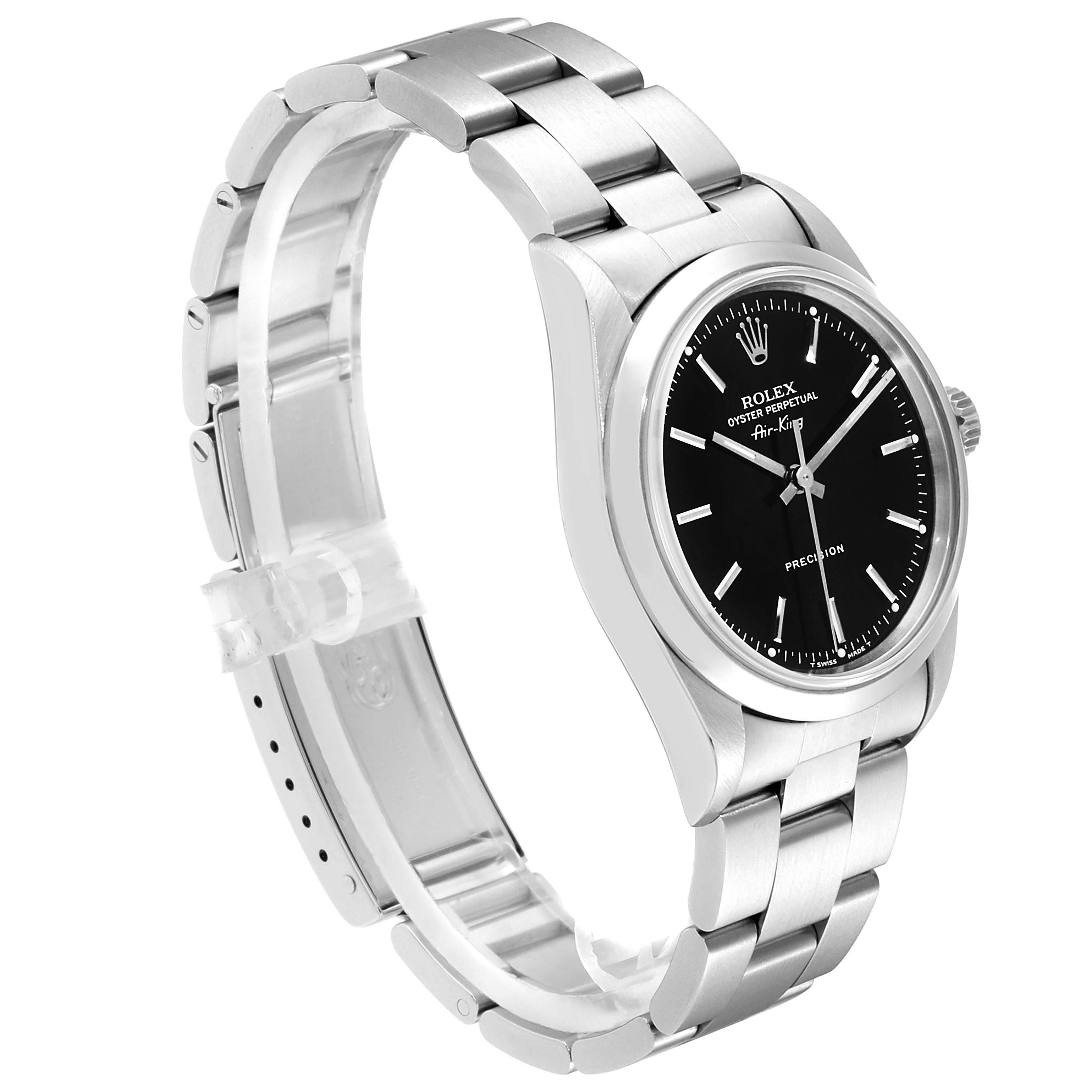 The image shows a Rolex Air-King 14000 Men's Stainless Steel Black Dial 14000 Men's Stainless Steel Black Dial watch from a three-quarter angle, highlighting its black dial, bezel, and bracelet.