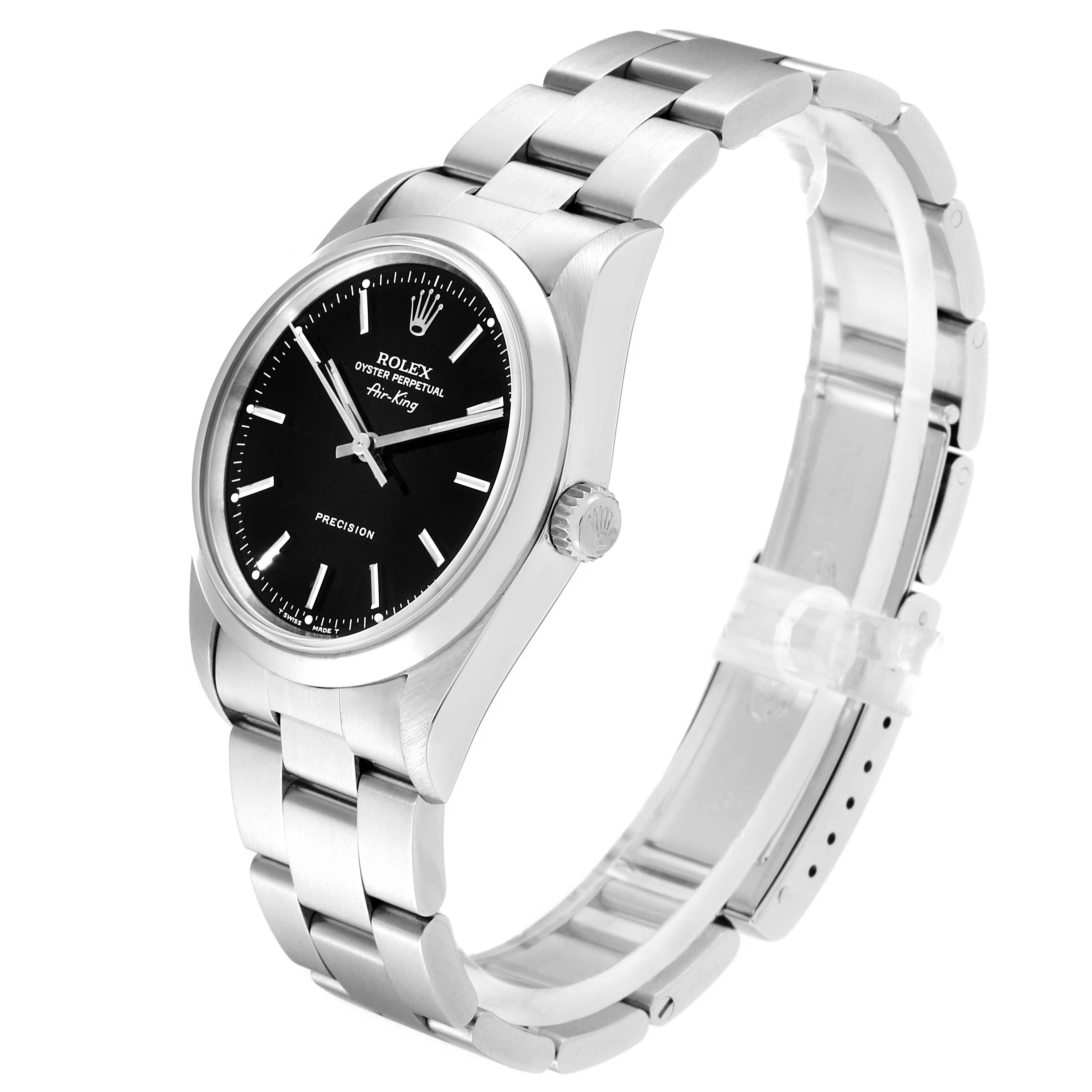 The Rolex Air-King 14000 Men's Stainless Steel Black Dial 14000 Men's Stainless Steel Black Dial watch is shown at a slight side angle, revealing the watch face, crown, and bracelet.