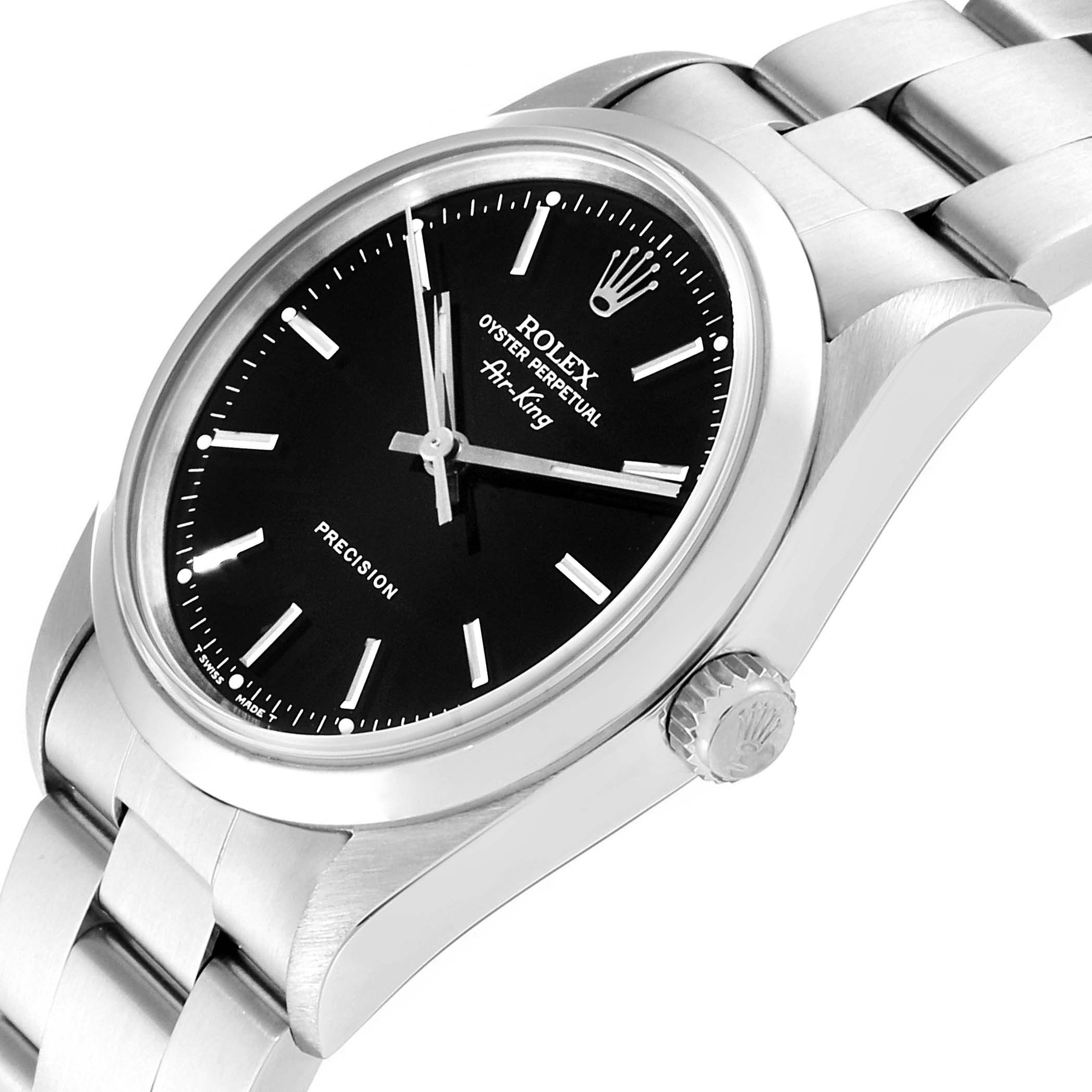 The Rolex Air-King 14000 Men's Stainless Steel Black Dial 14000 Men's Stainless Steel Black Dial watch is shown at an angle highlighting the face, crown, and part of the bracelet.