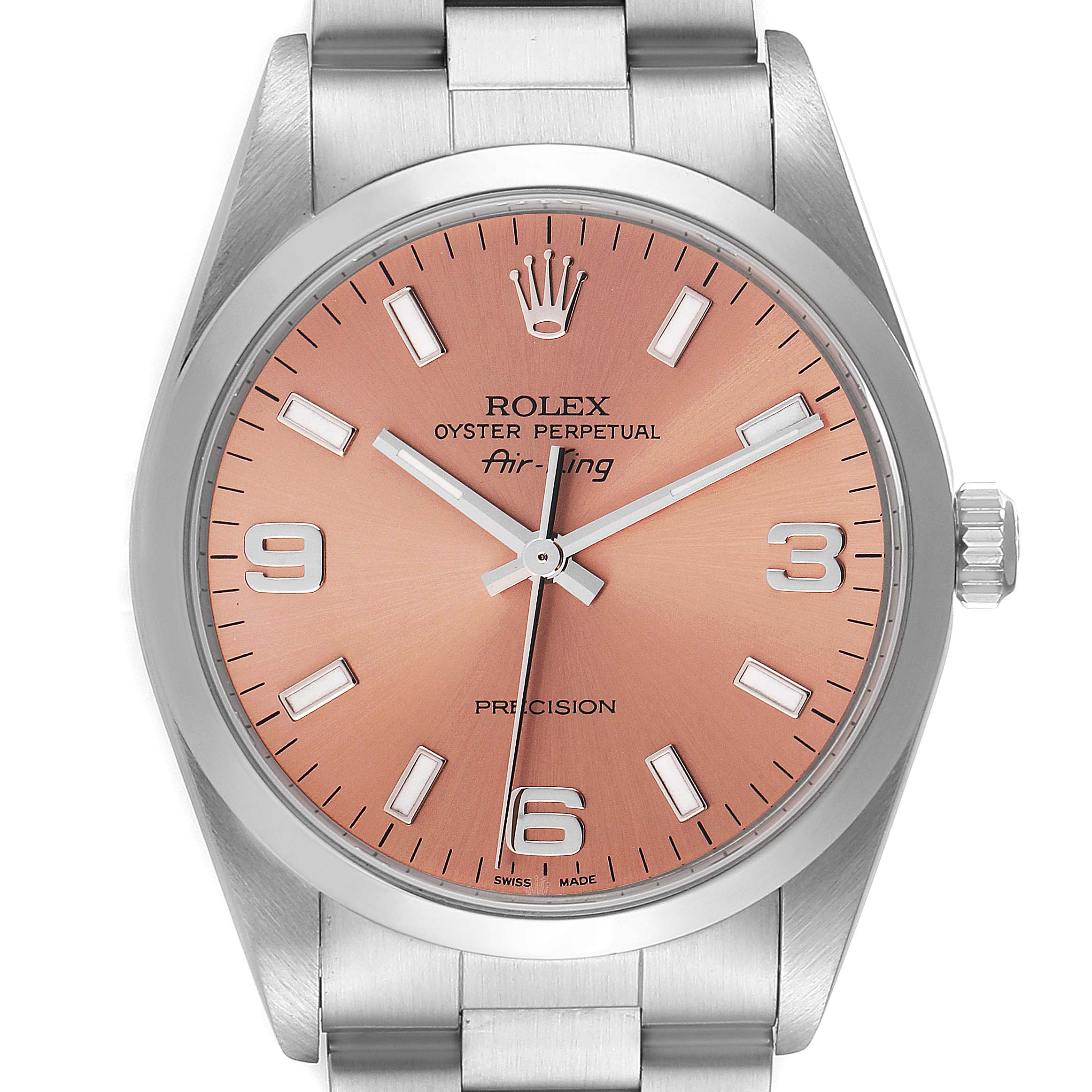 This image shows a frontal view of a Rolex Air-King 14000 Men's Stainless Steel Pink Dial 14000 Men's Stainless Steel Pink Dial watch, displaying the dial, hands, crown, and part of the bracelet.
