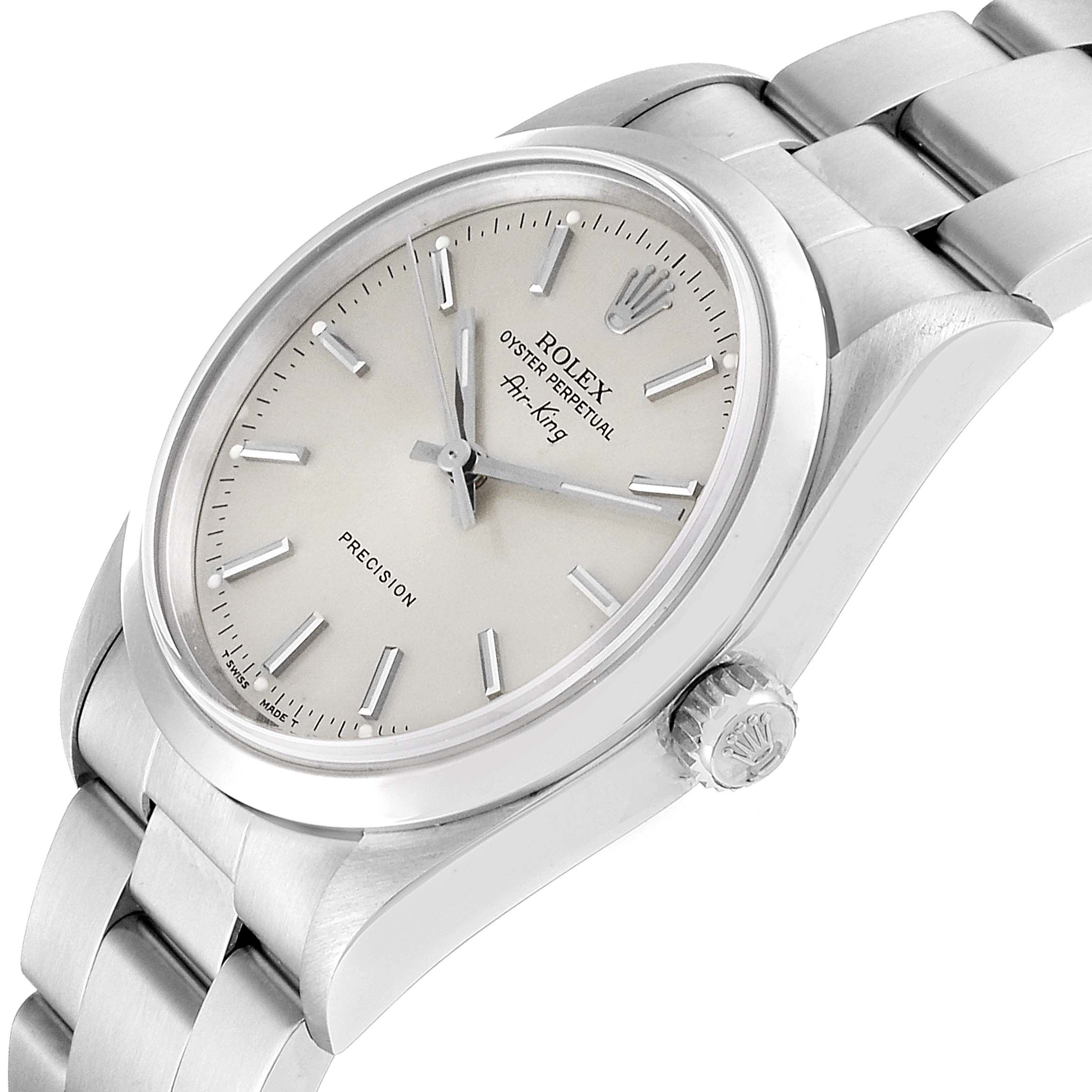 The Rolex Air-King 14000 Men's Stainless Steel Silver Dial 14000 Men's Stainless Steel Silver Dial watch is shown at a slight angle, featuring the face, crown, and part of the bracelet.
